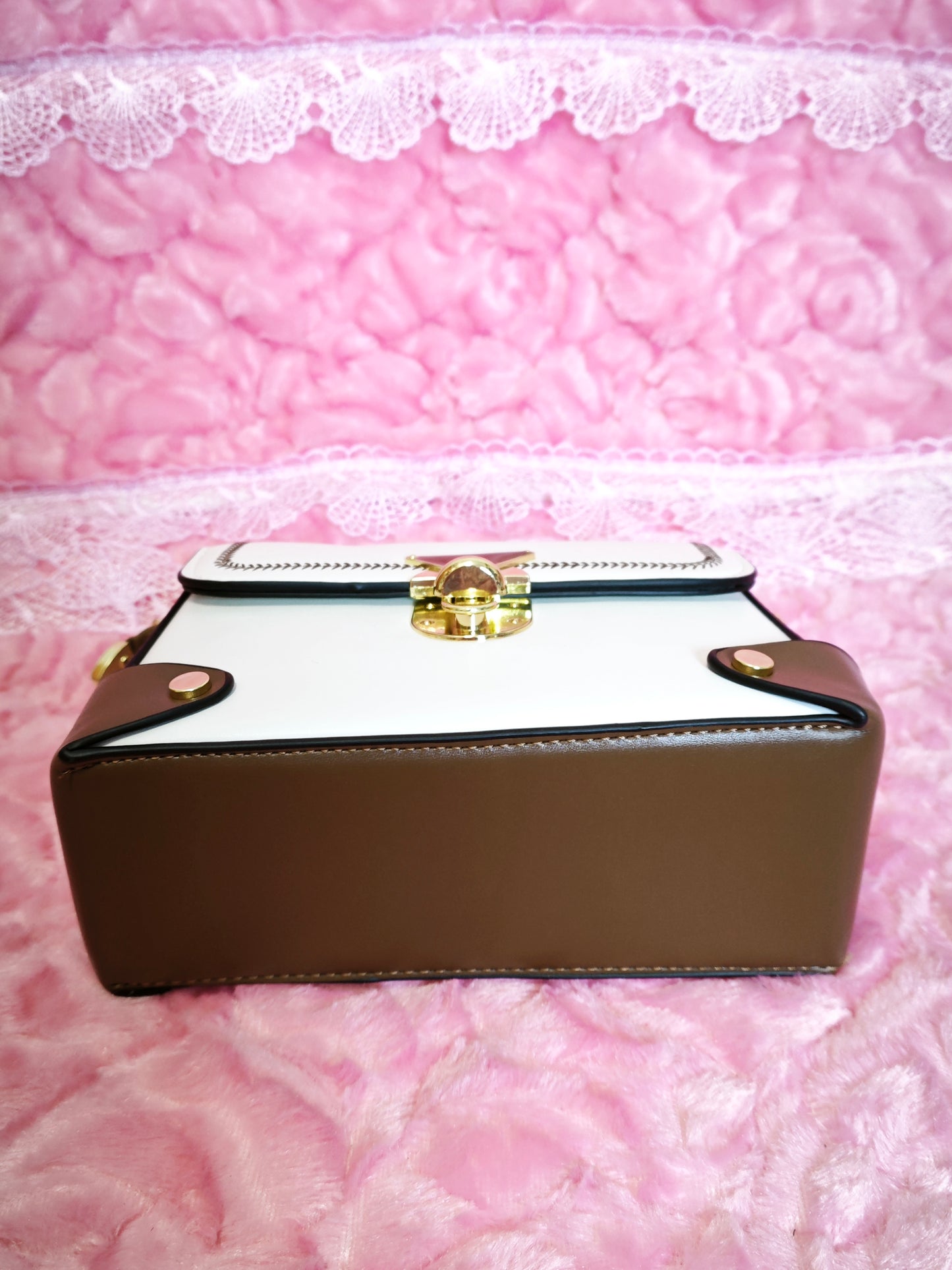 White & Brown Contrast-Stitched Handbag