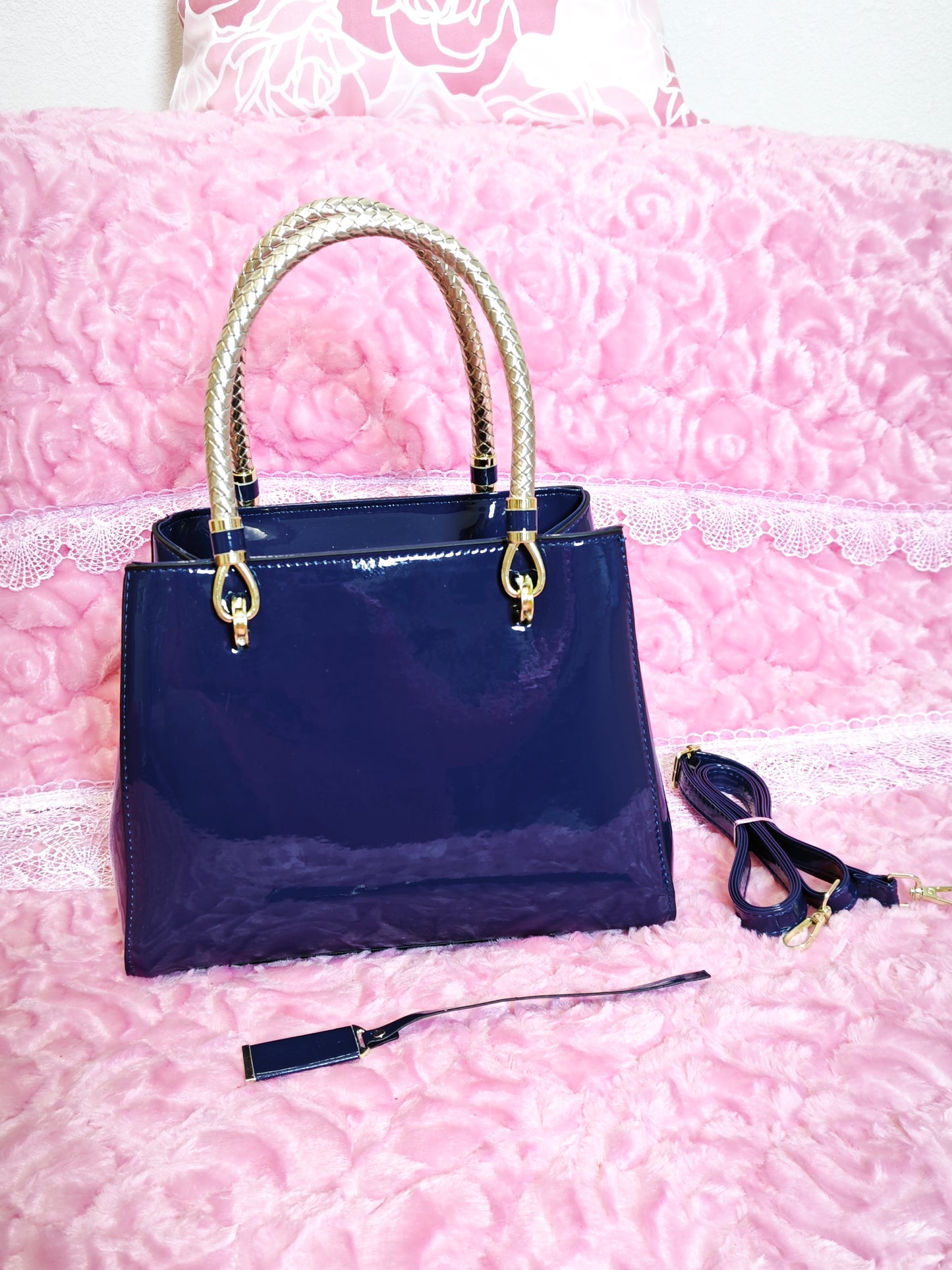 Navy Blue Patent Handbag with Braided Handles