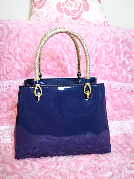 Navy Blue Patent Handbag with Braided Handles