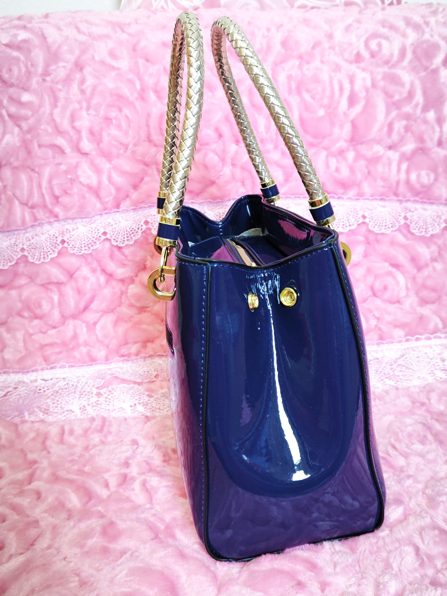 Navy Blue Patent Handbag with Braided Handles