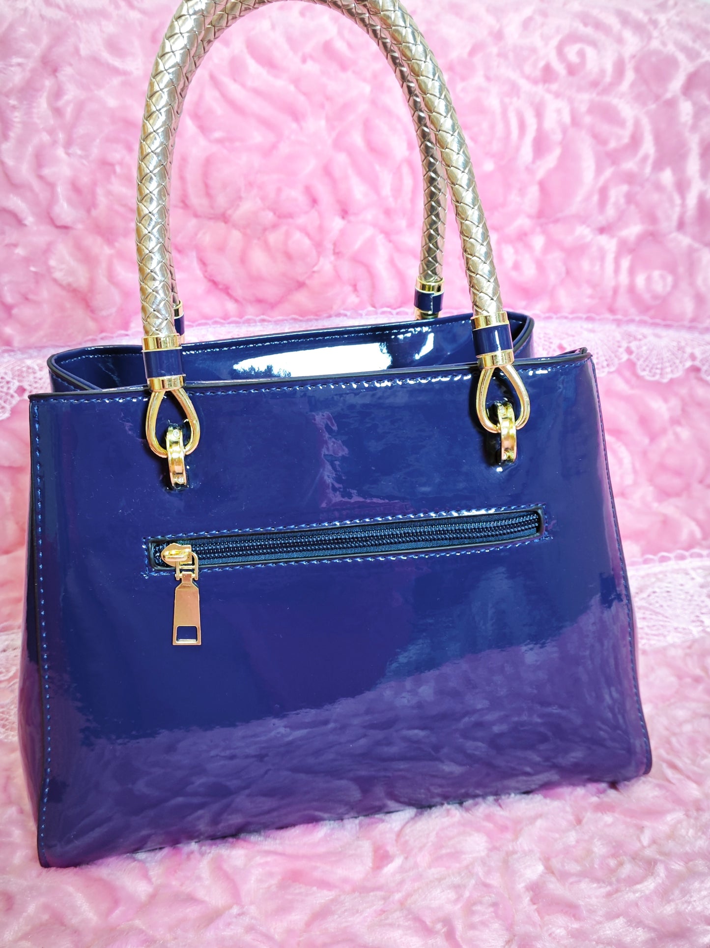 Navy Blue Patent Handbag with Braided Handles