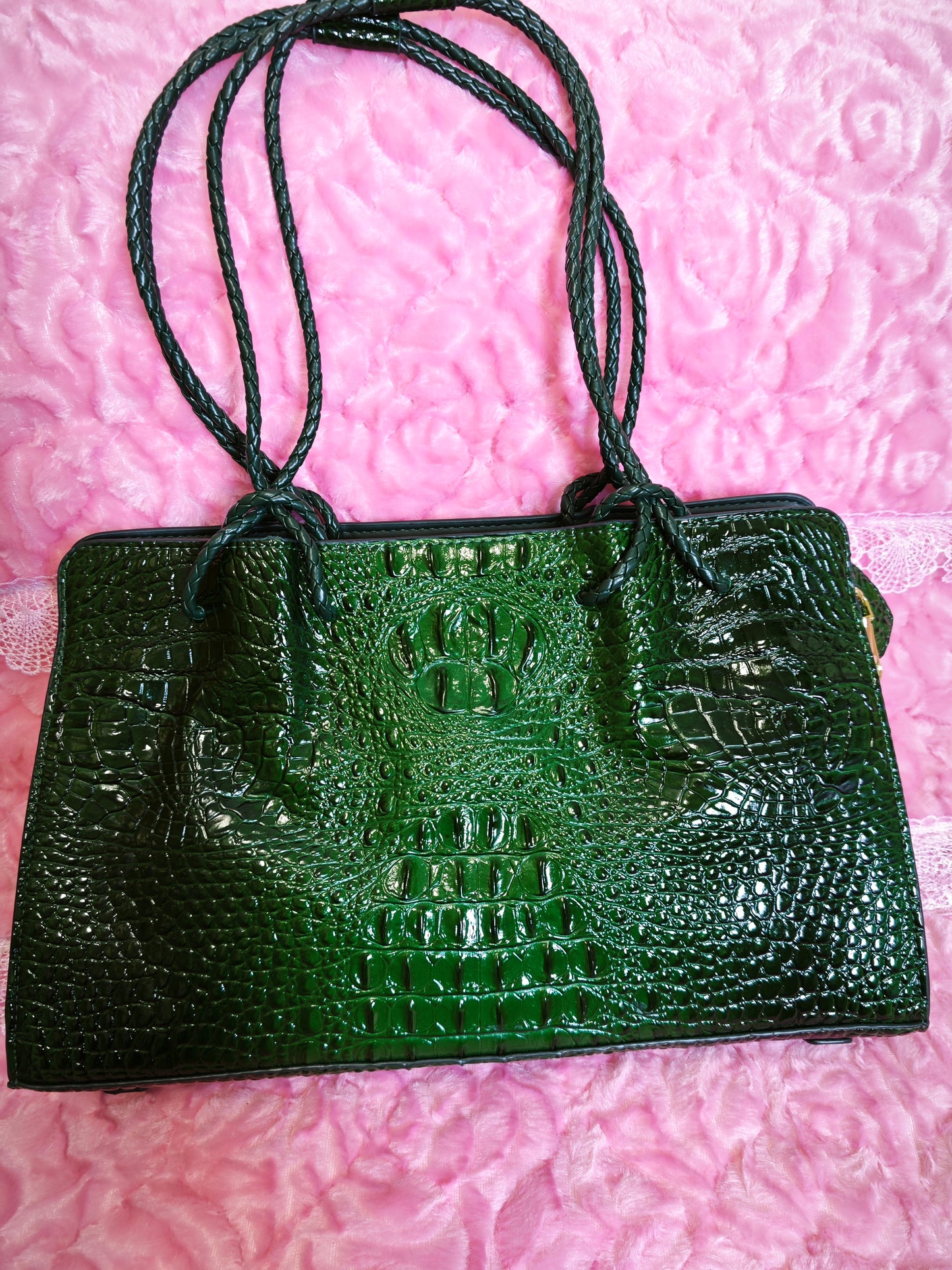 Dark Green Patent 3D Crocodile-Print Handbag with Braided Handles