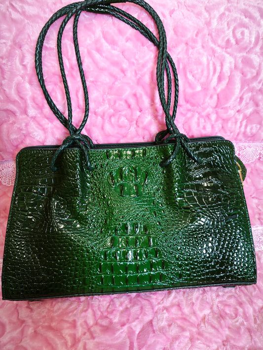 Dark Green Patent 3D Crocodile-Print Handbag with Braided Handles