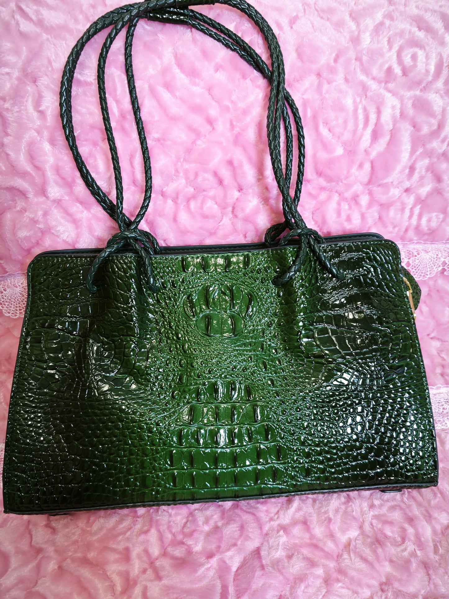 Dark Green Crocodile Embossed  Braided Tote Bag (M179)