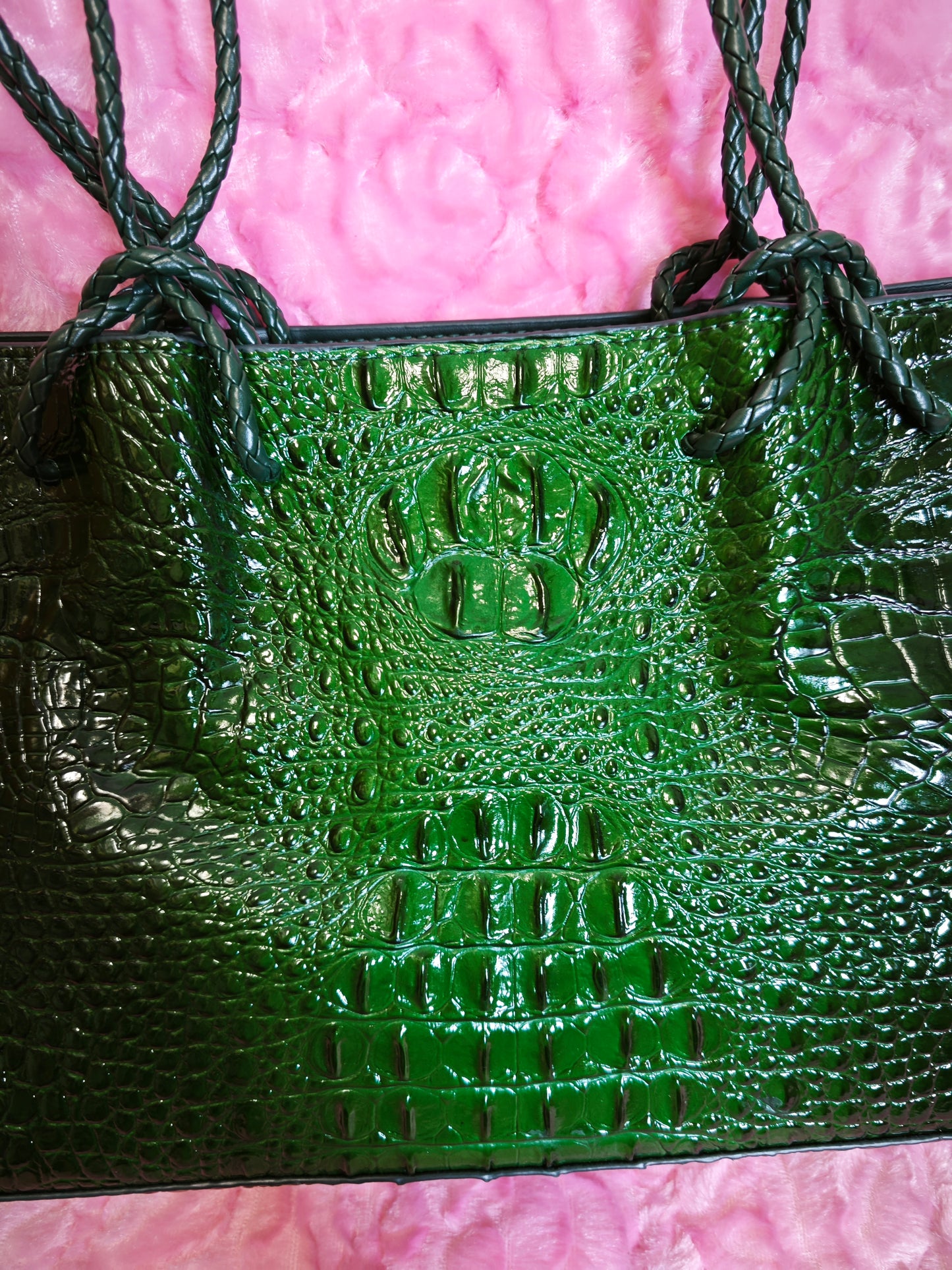 Dark Green Patent 3D Crocodile-Print Handbag with Braided Handles