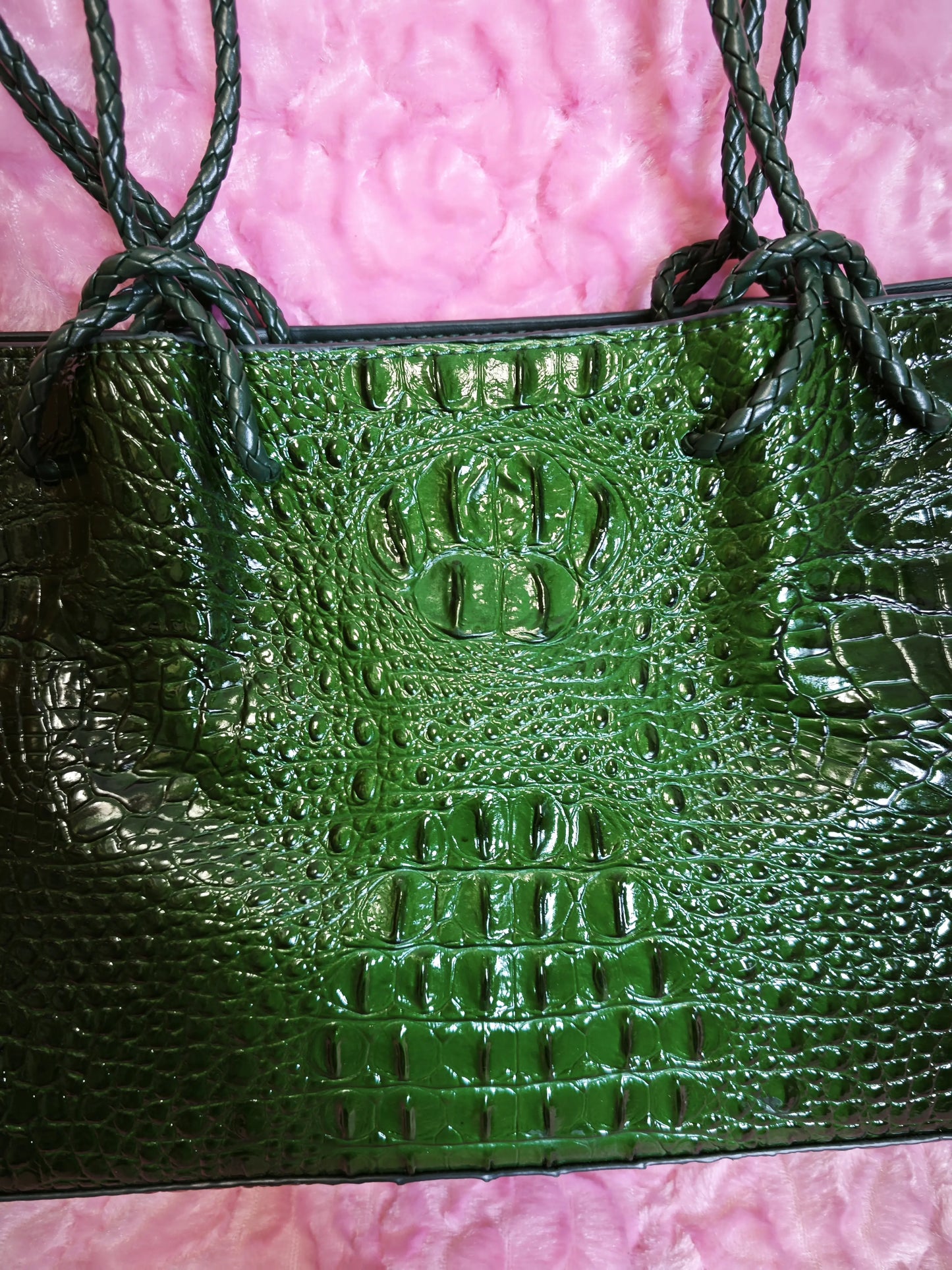Dark Green Crocodile Embossed  Braided Tote Bag (M179)