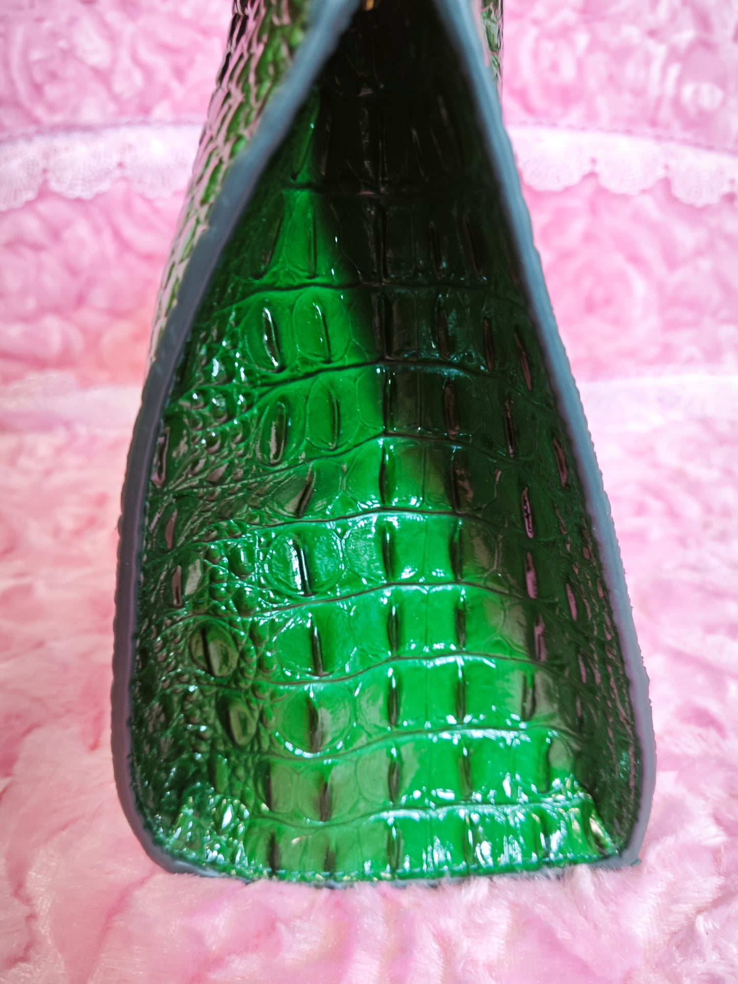 Dark Green Patent 3D Crocodile-Print Handbag with Braided Handles