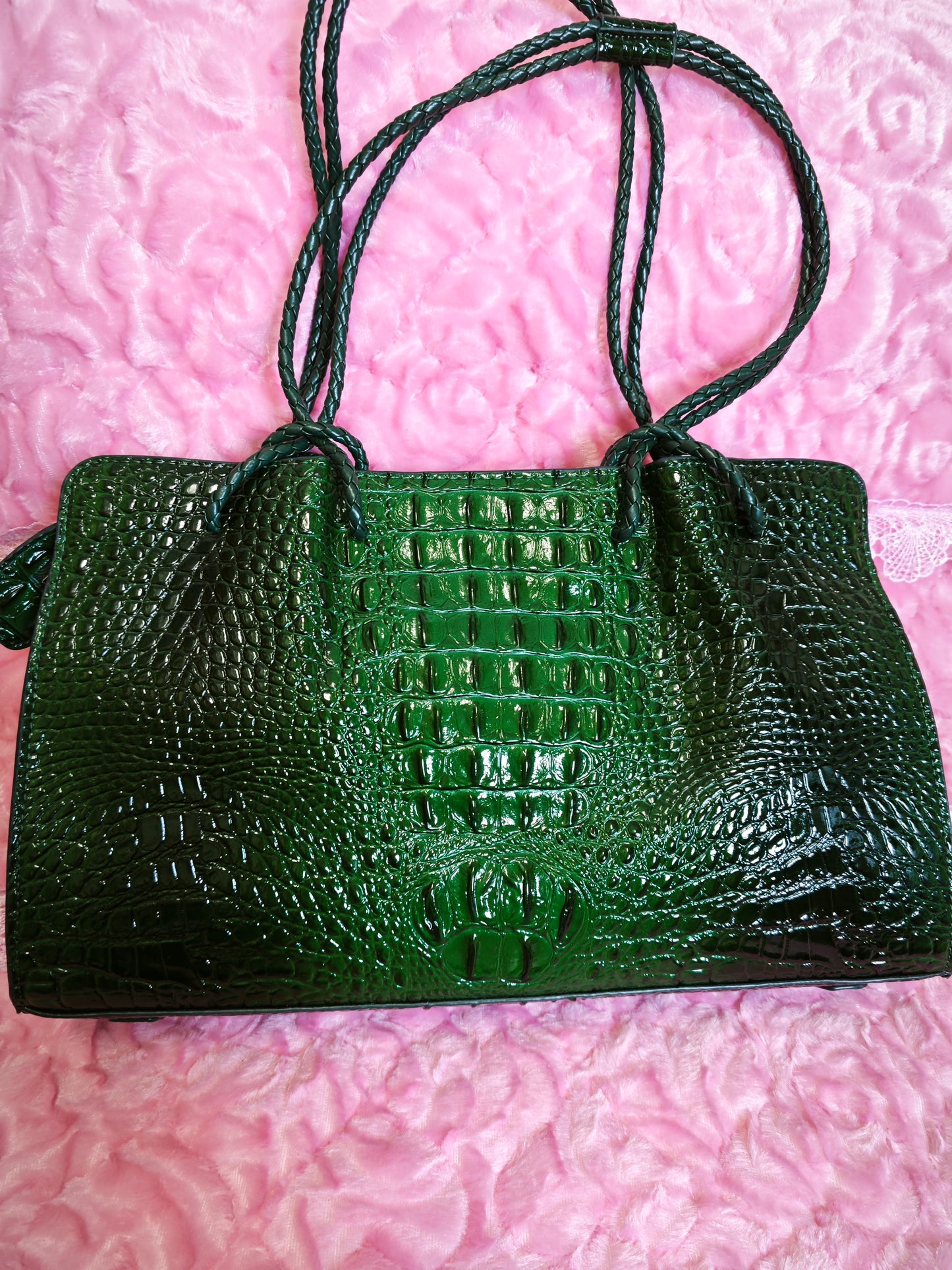 Dark Green Patent 3D Crocodile-Print Handbag with Braided Handles