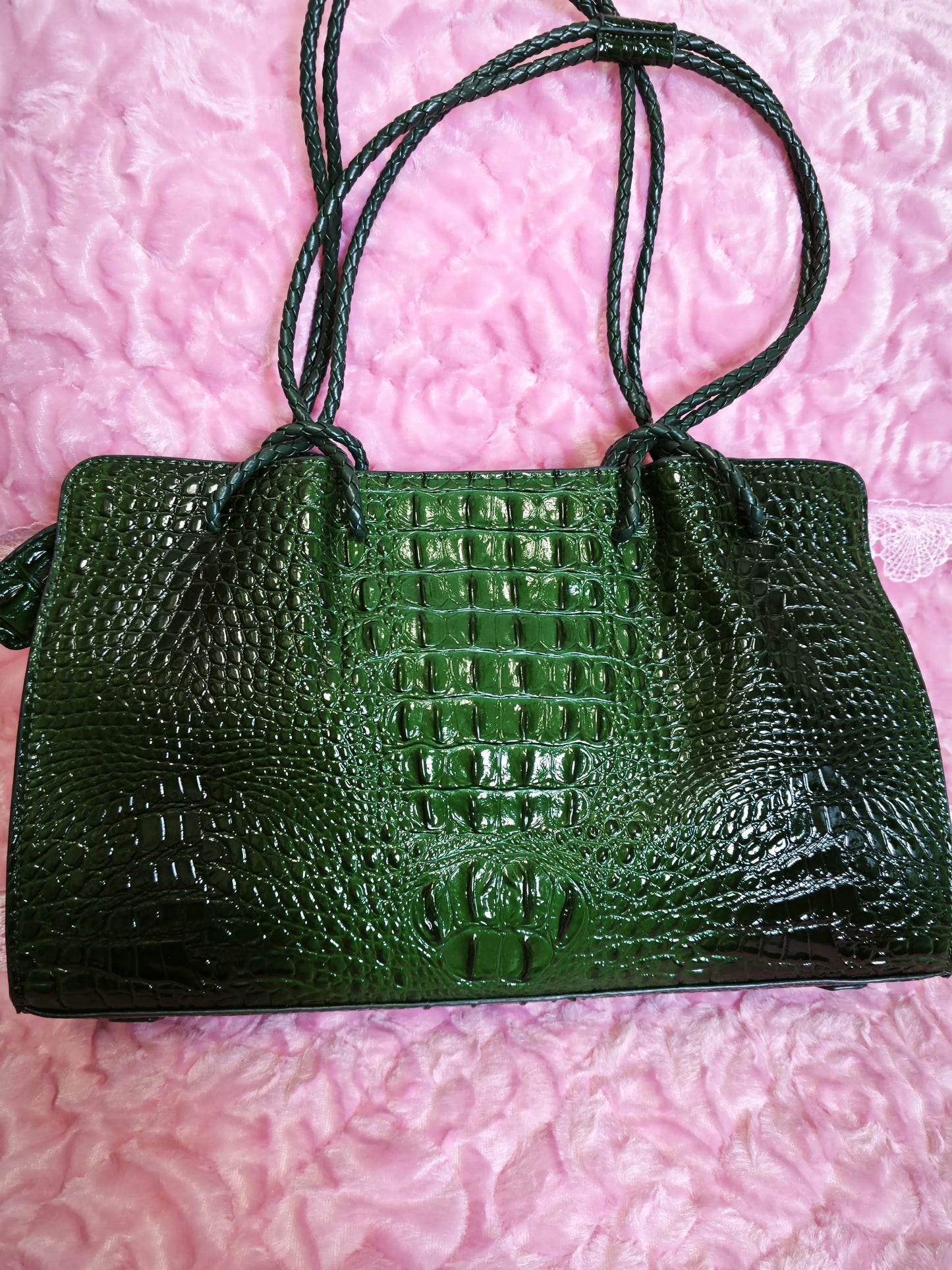 Dark Green Crocodile Embossed  Braided Tote Bag (M179)