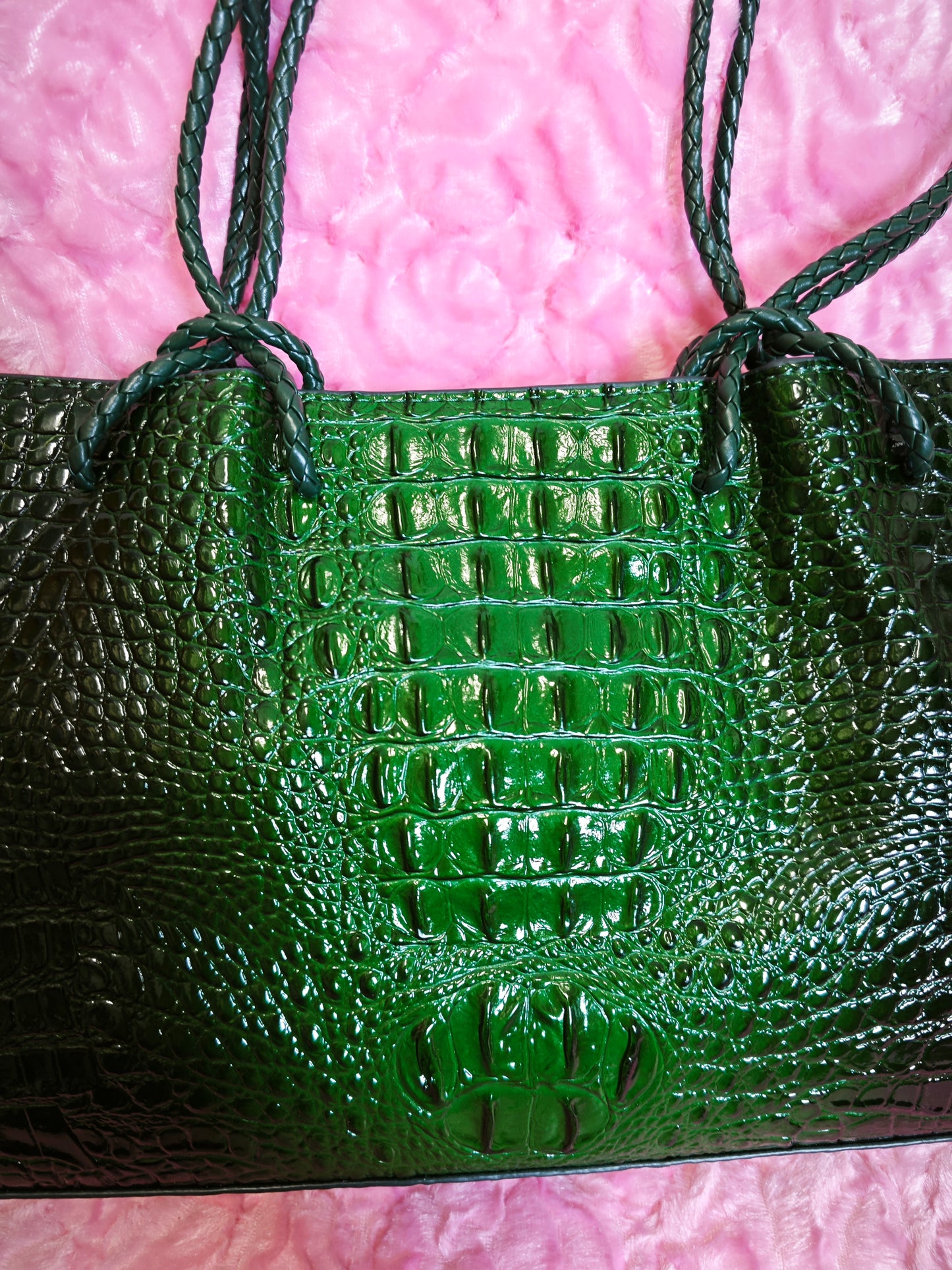 Dark Green Patent 3D Crocodile-Print Handbag with Braided Handles