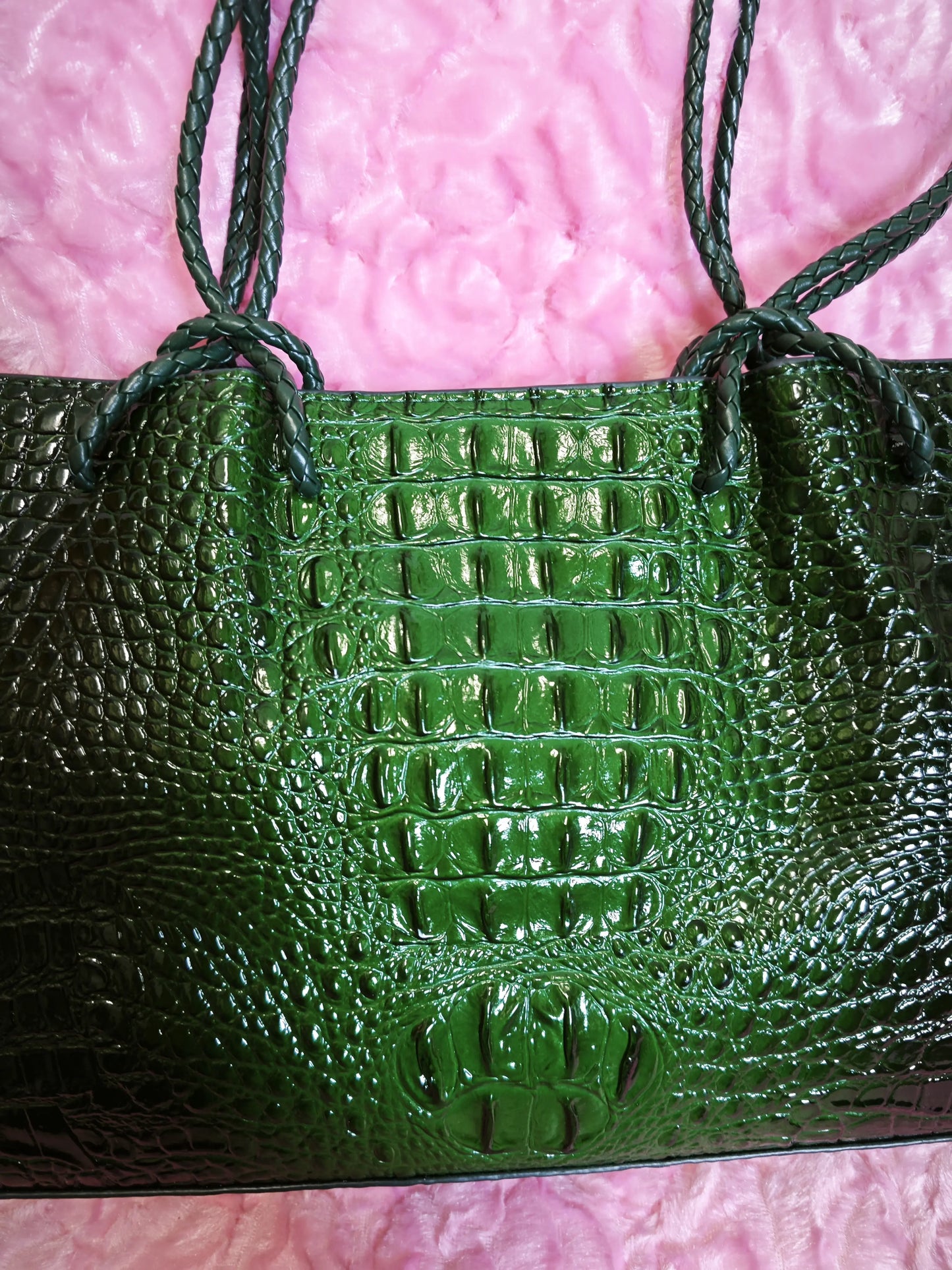 Dark Green Crocodile Embossed  Braided Tote Bag (M179)