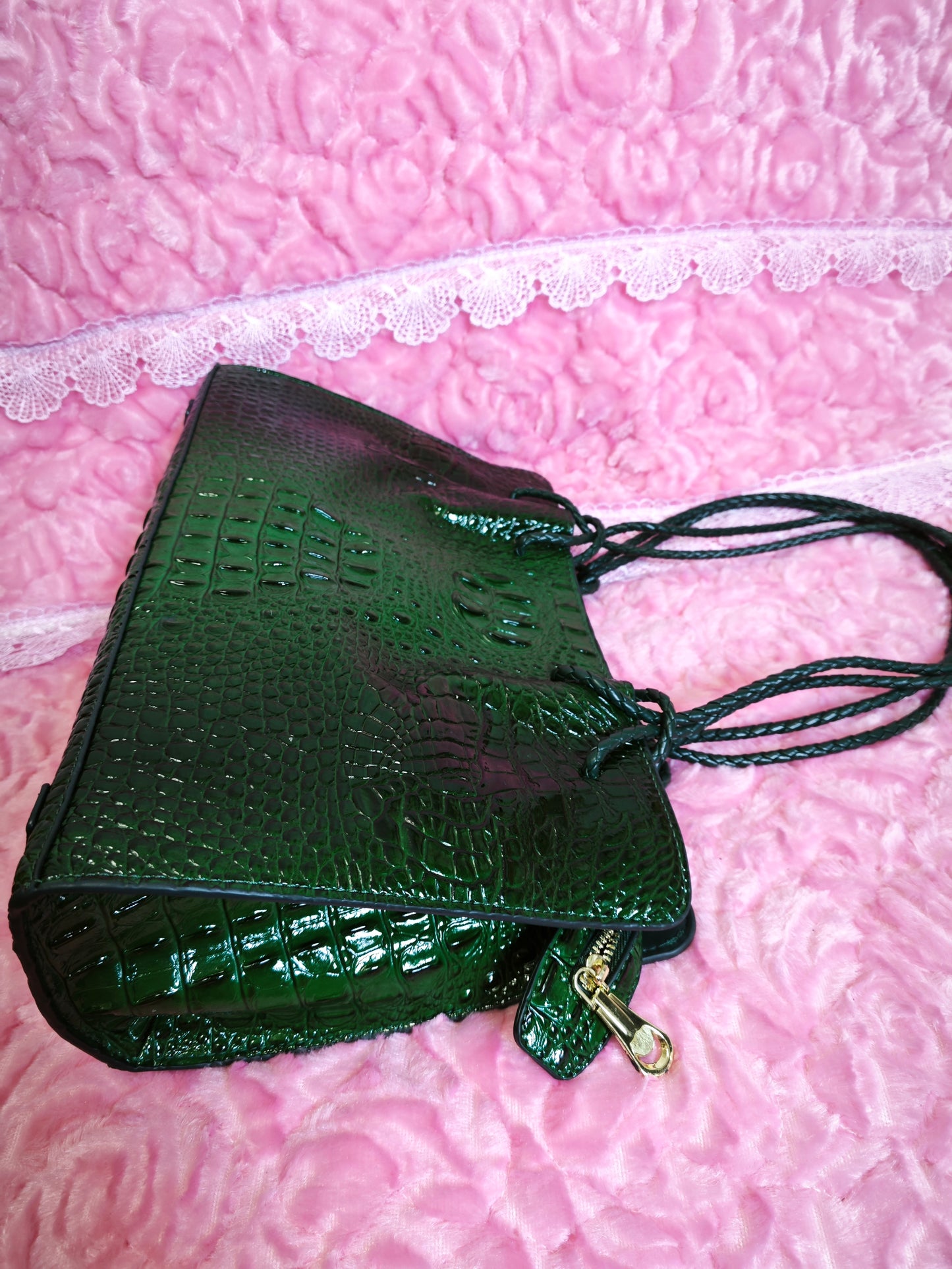 Dark Green Patent 3D Crocodile-Print Handbag with Braided Handles