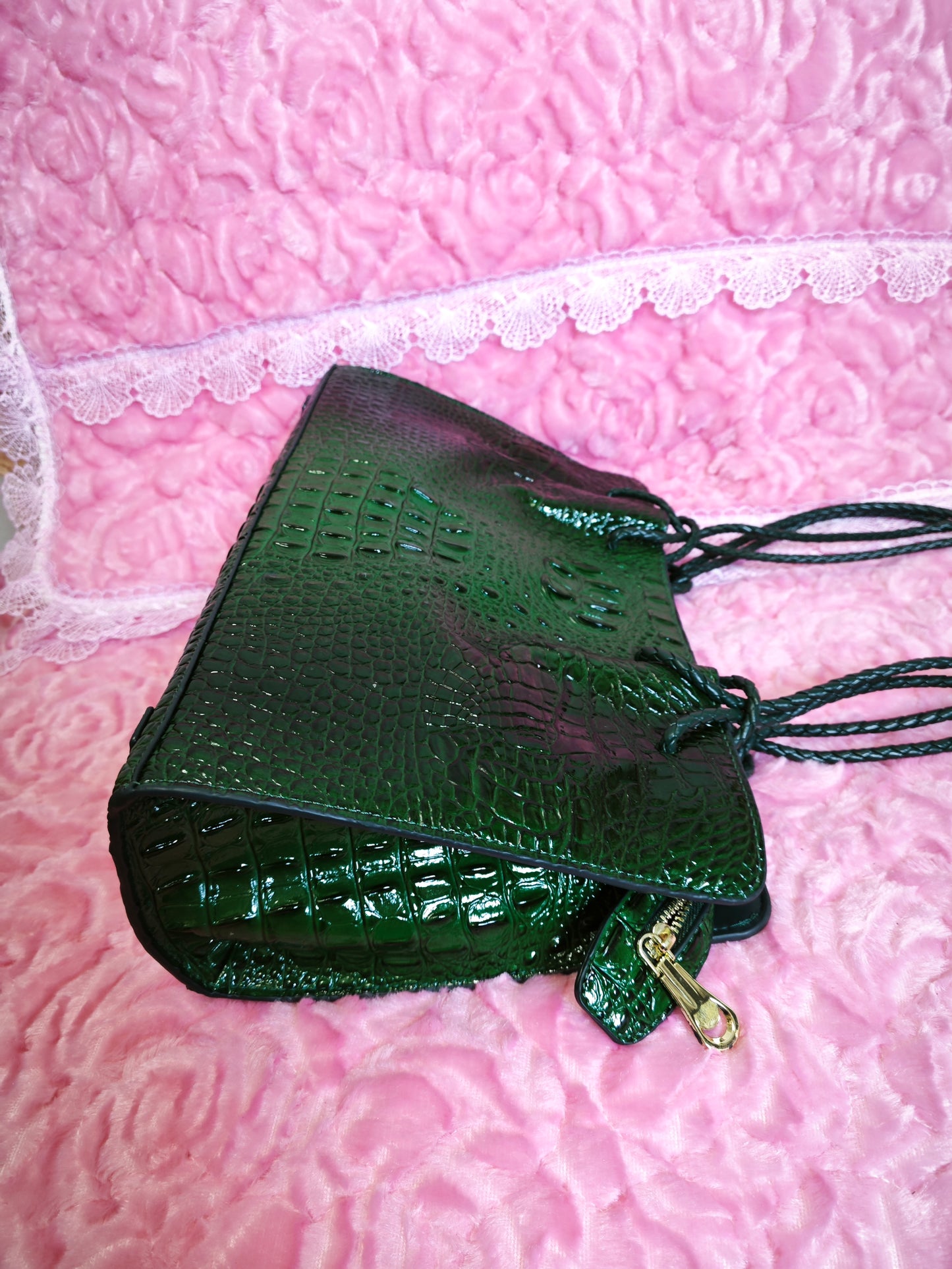 Dark Green Patent 3D Crocodile-Print Handbag with Braided Handles