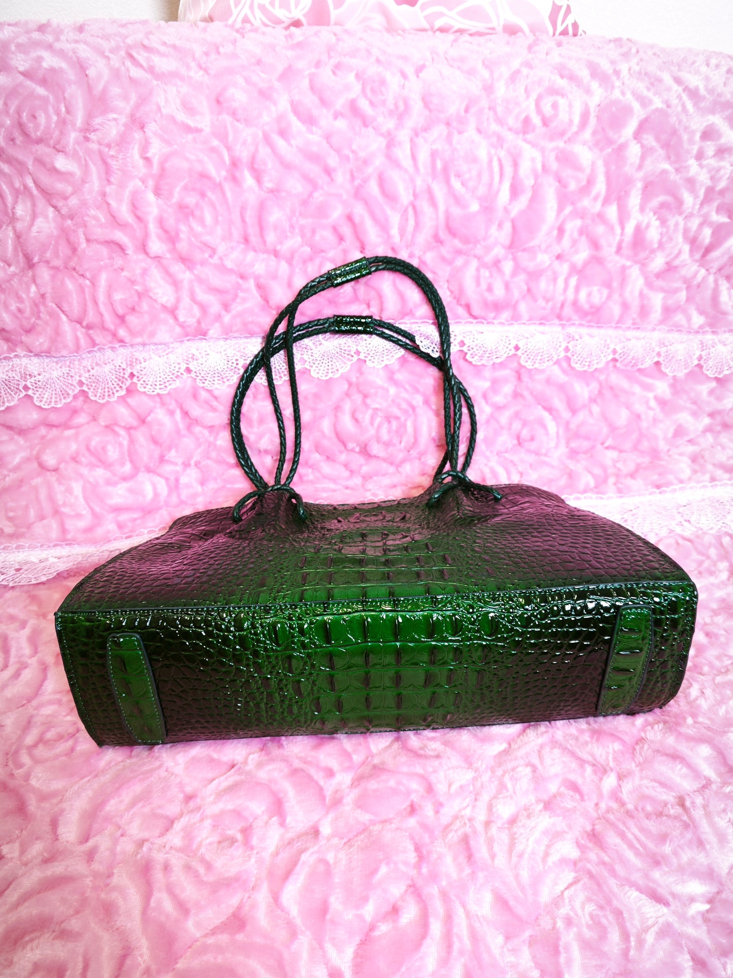 Dark Green Patent 3D Crocodile-Print Handbag with Braided Handles