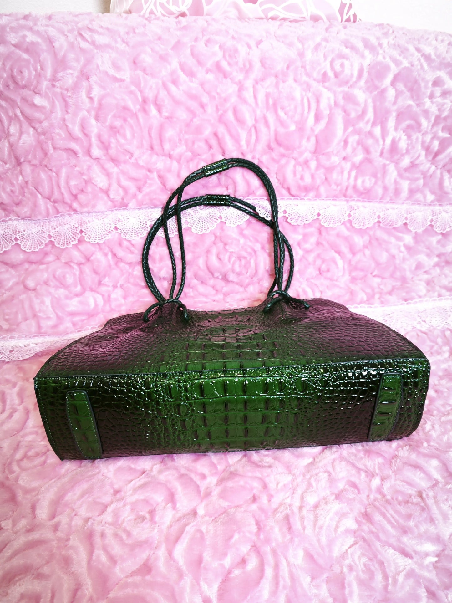 Dark Green Crocodile Embossed  Braided Tote Bag (M179)