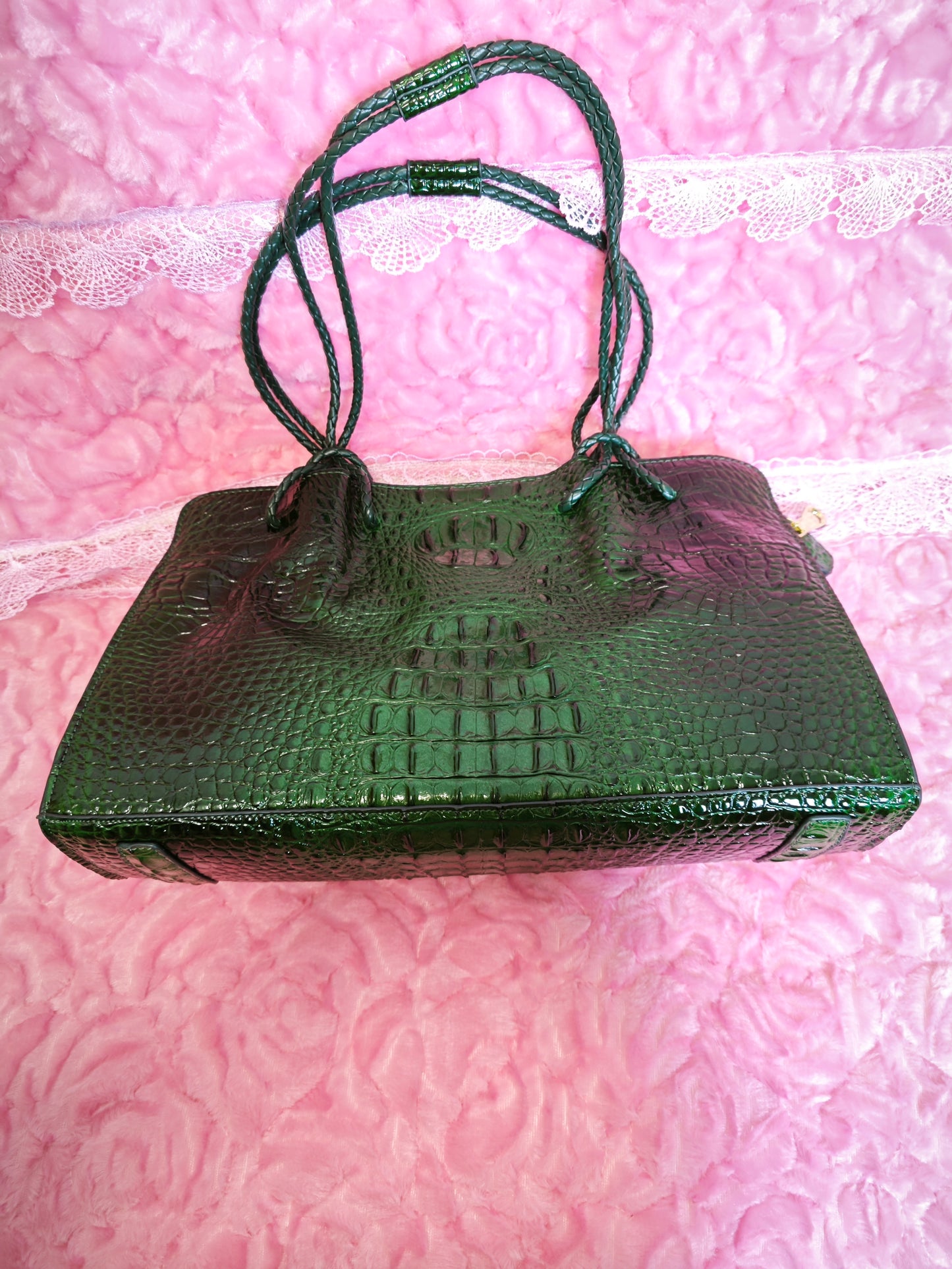 Dark Green Patent 3D Crocodile-Print Handbag with Braided Handles