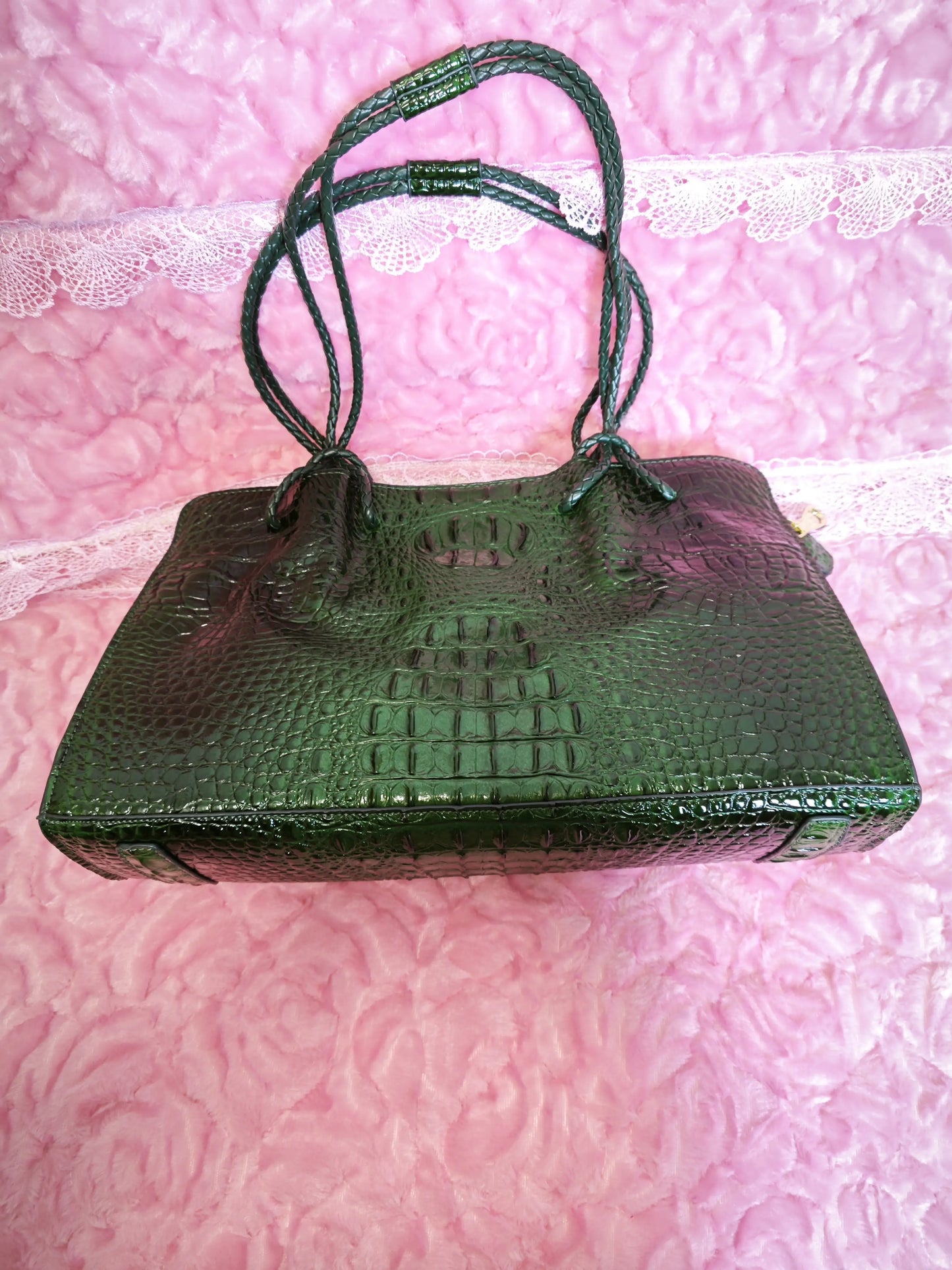 Dark Green Crocodile Embossed  Braided Tote Bag (M179)