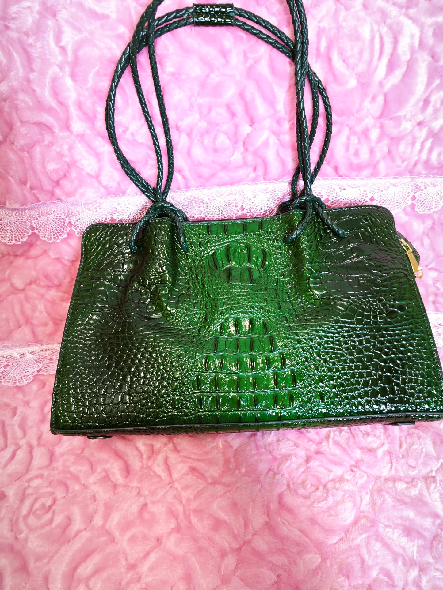 Dark Green Patent 3D Crocodile-Print Handbag with Braided Handles