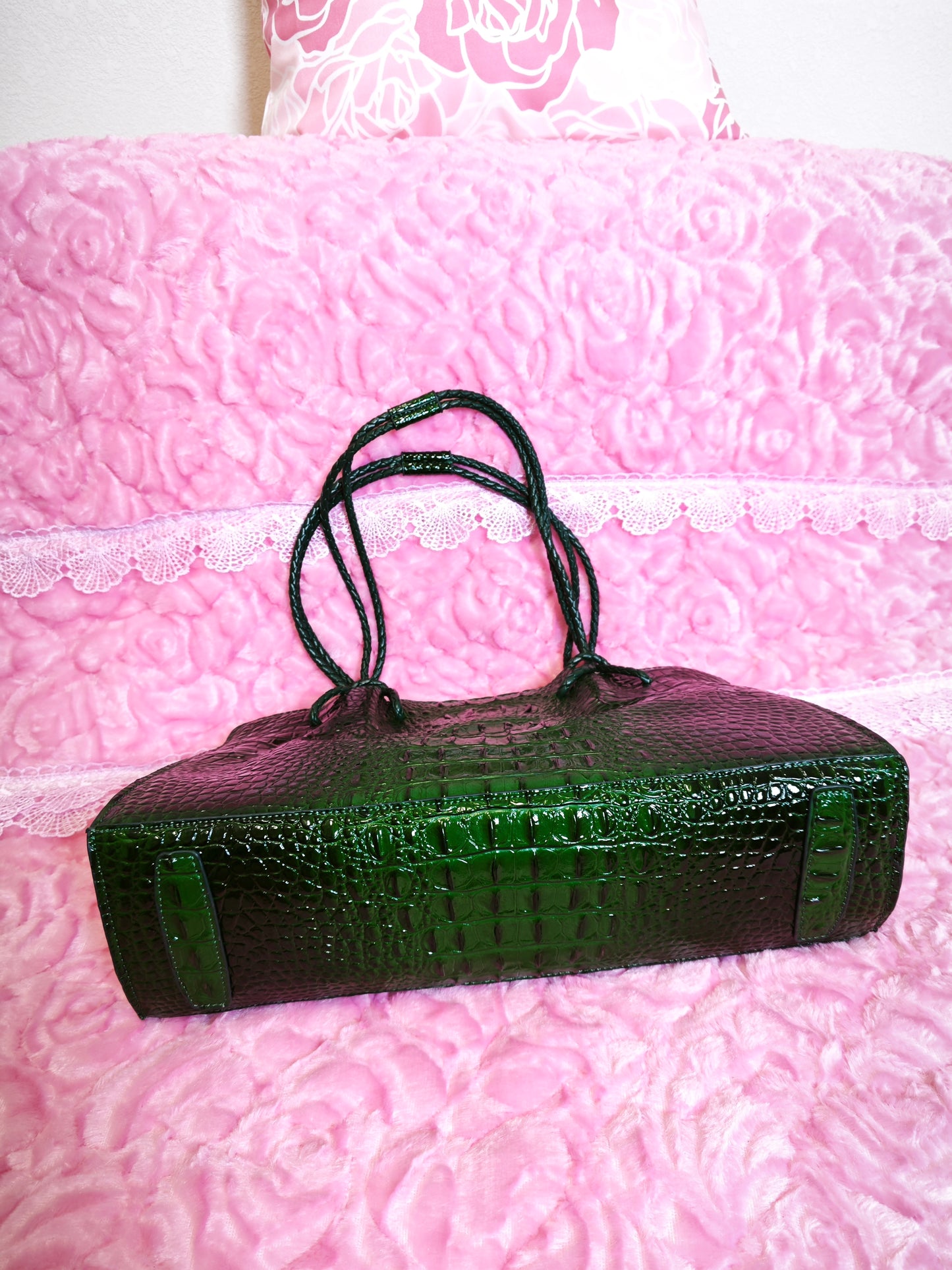 Dark Green Patent 3D Crocodile-Print Handbag with Braided Handles