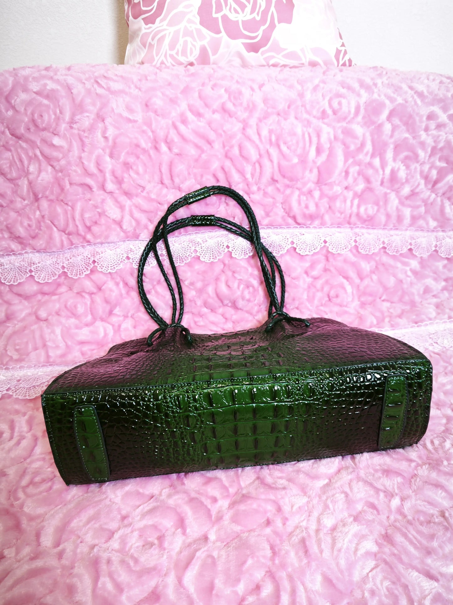 Dark Green Crocodile Embossed  Braided Tote Bag (M179)