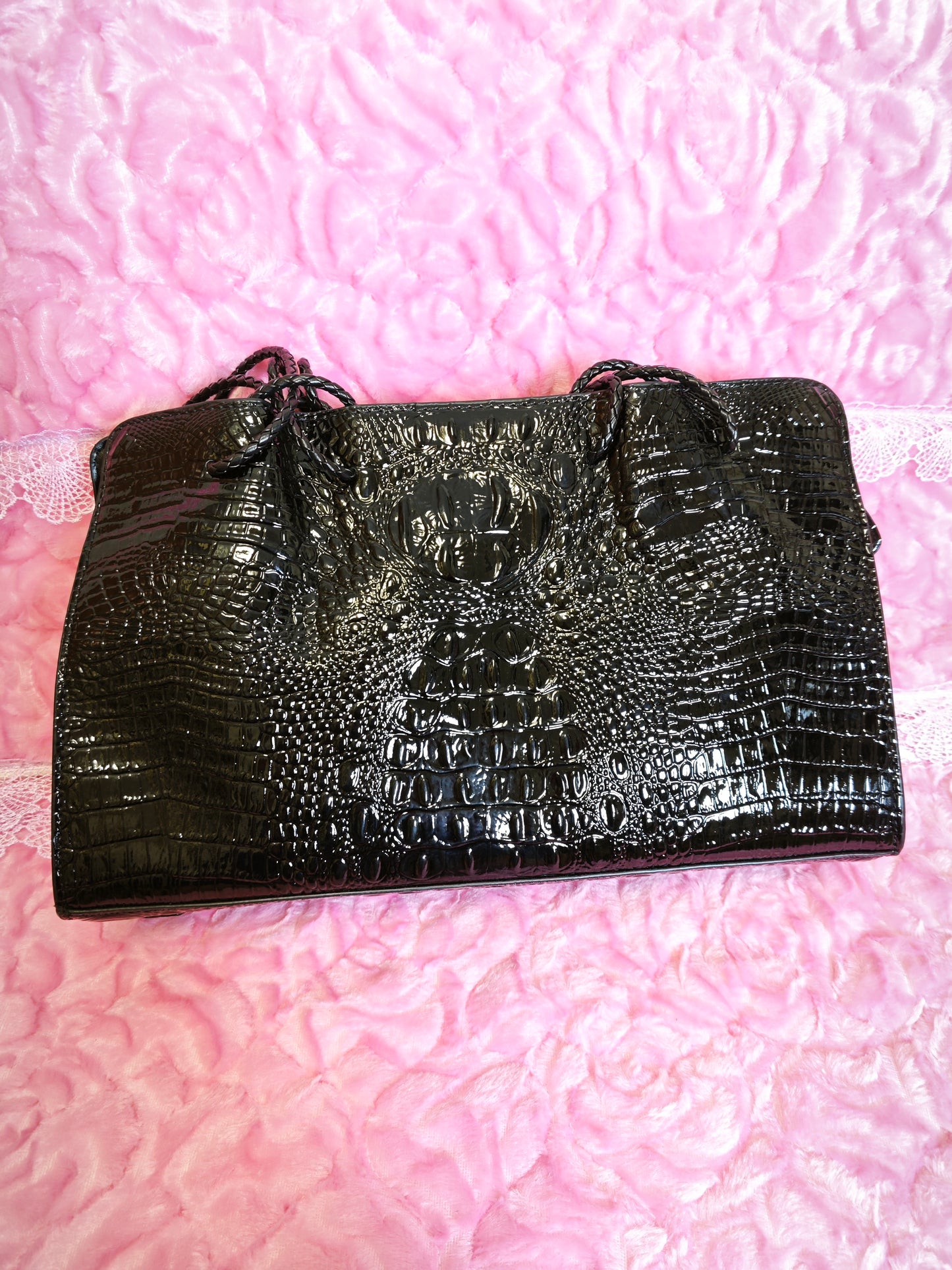Black Patent 3D Crocodile-Print Handbag with Braided Handles