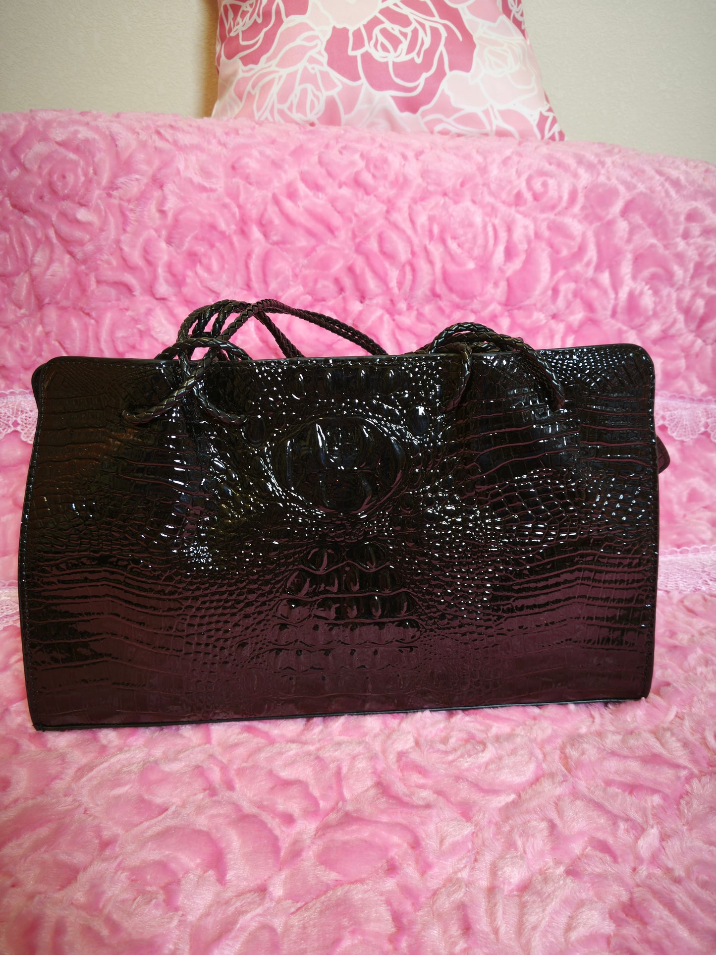 Black Patent 3D Crocodile-Print Handbag with Braided Handles