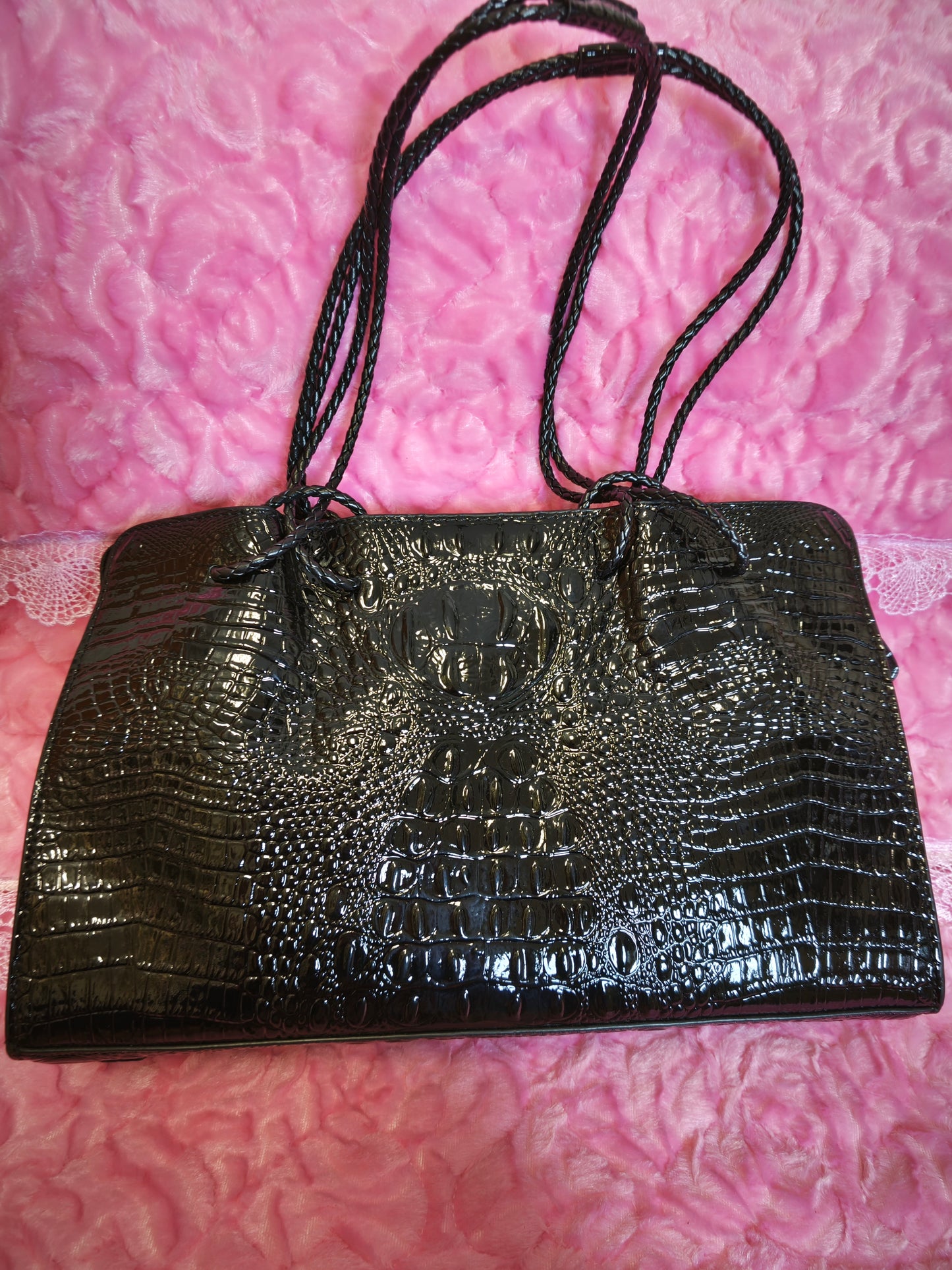 Black Patent 3D Crocodile-Print Handbag with Braided Handles