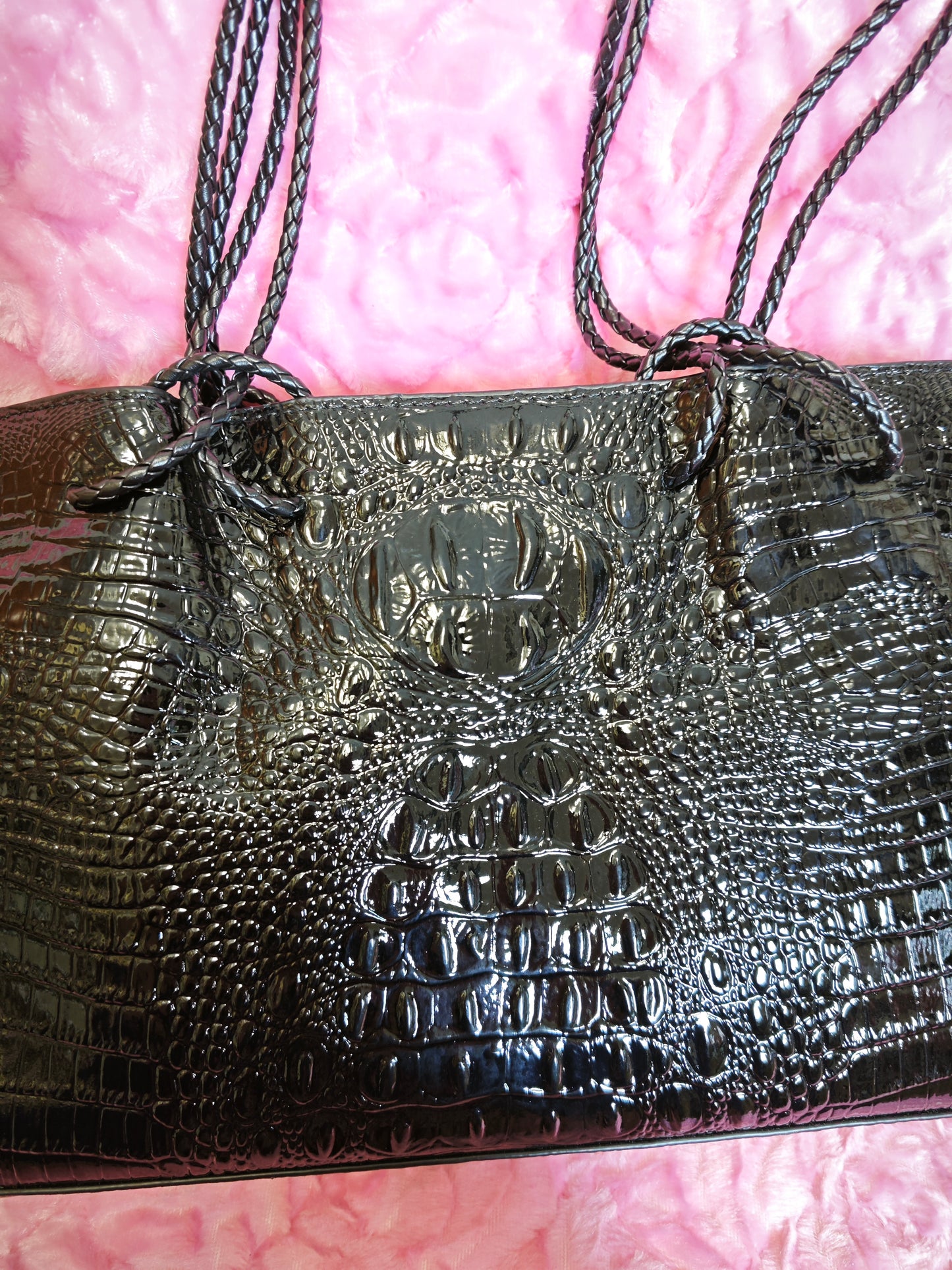 Black Patent 3D Crocodile-Print Handbag with Braided Handles