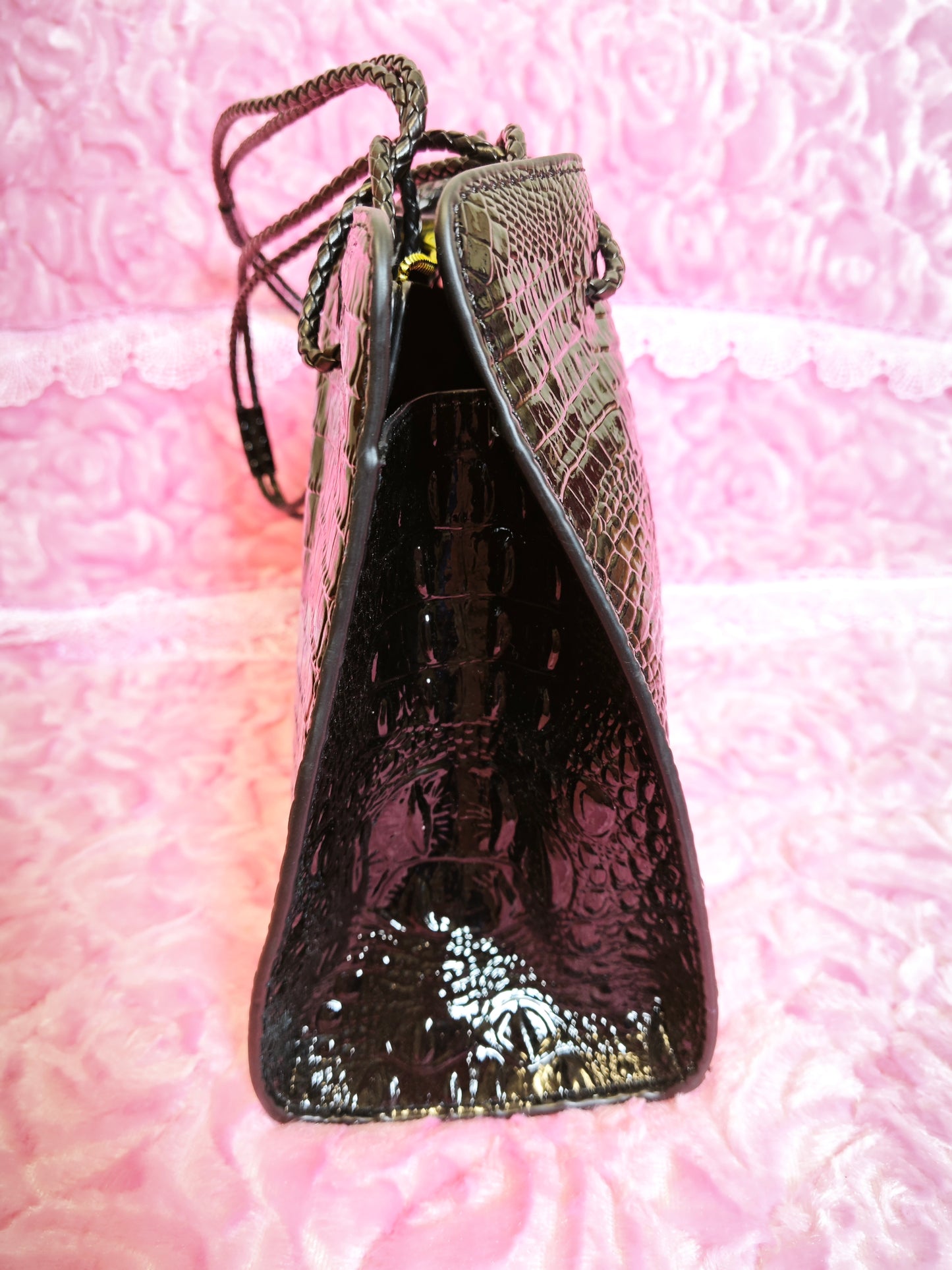 Black Patent 3D Crocodile-Print Handbag with Braided Handles