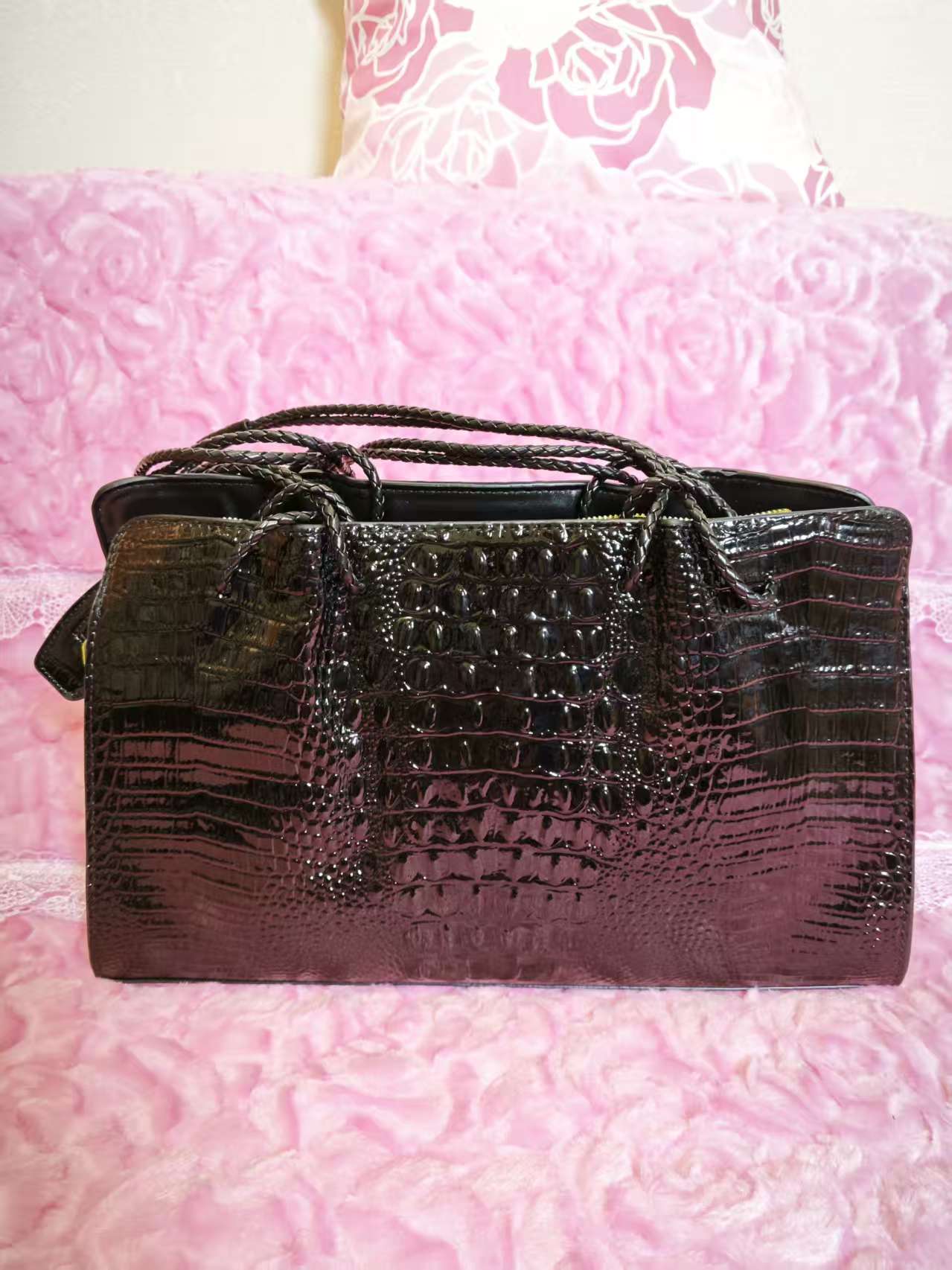 Black Patent 3D Crocodile-Print Handbag with Braided Handles
