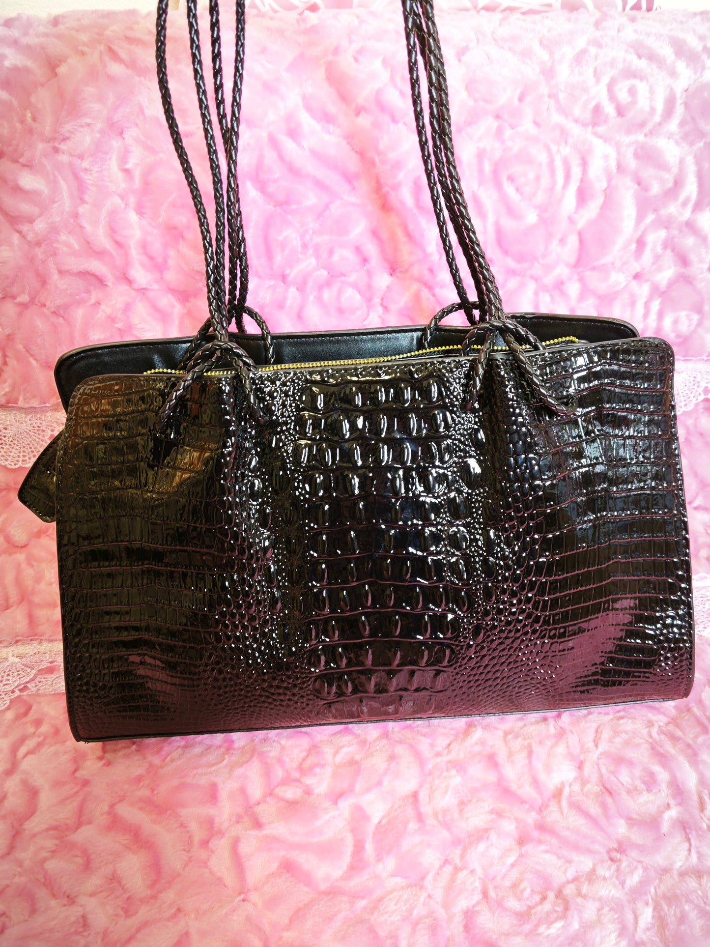 Black Patent 3D Crocodile-Print Handbag with Braided Handles