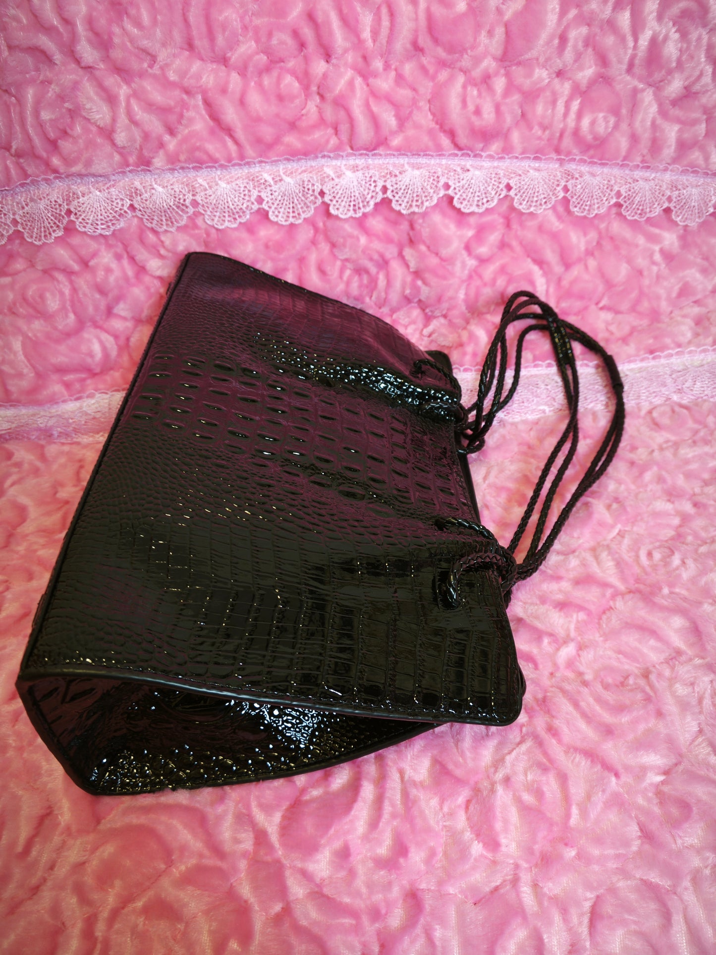 Black Patent 3D Crocodile-Print Handbag with Braided Handles