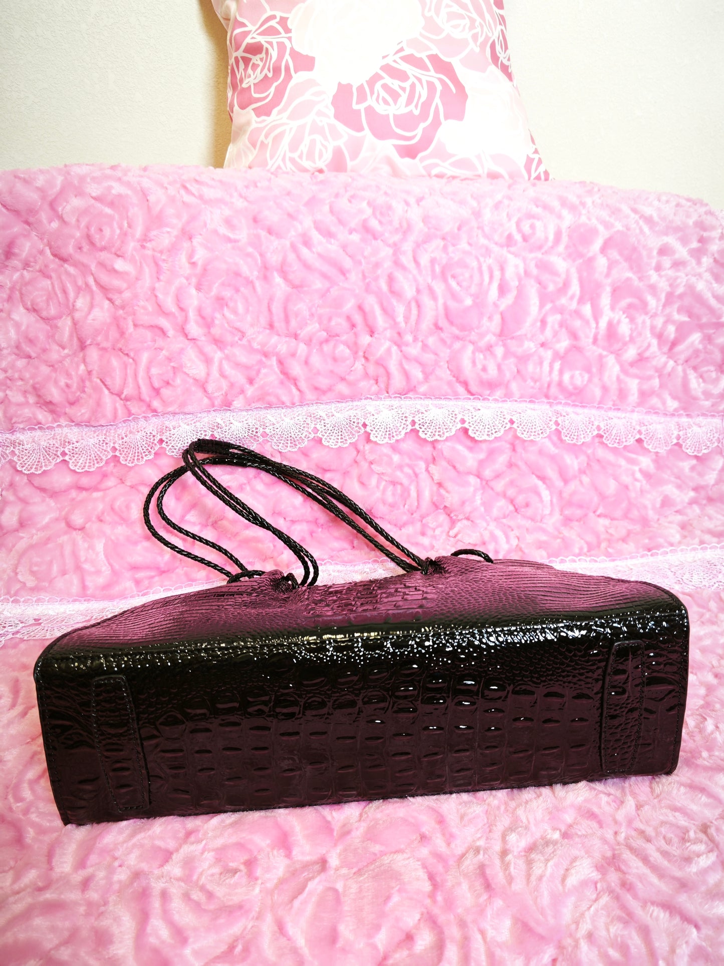 Black Patent 3D Crocodile-Print Handbag with Braided Handles