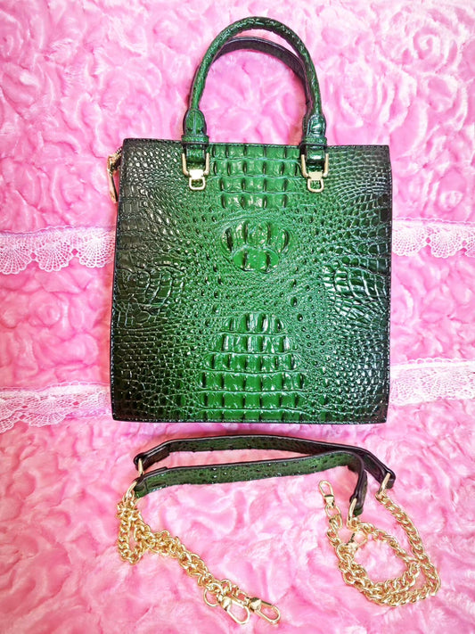 Dark Green Gradient 3D Crocodile-Print Handbag with Gold Chain