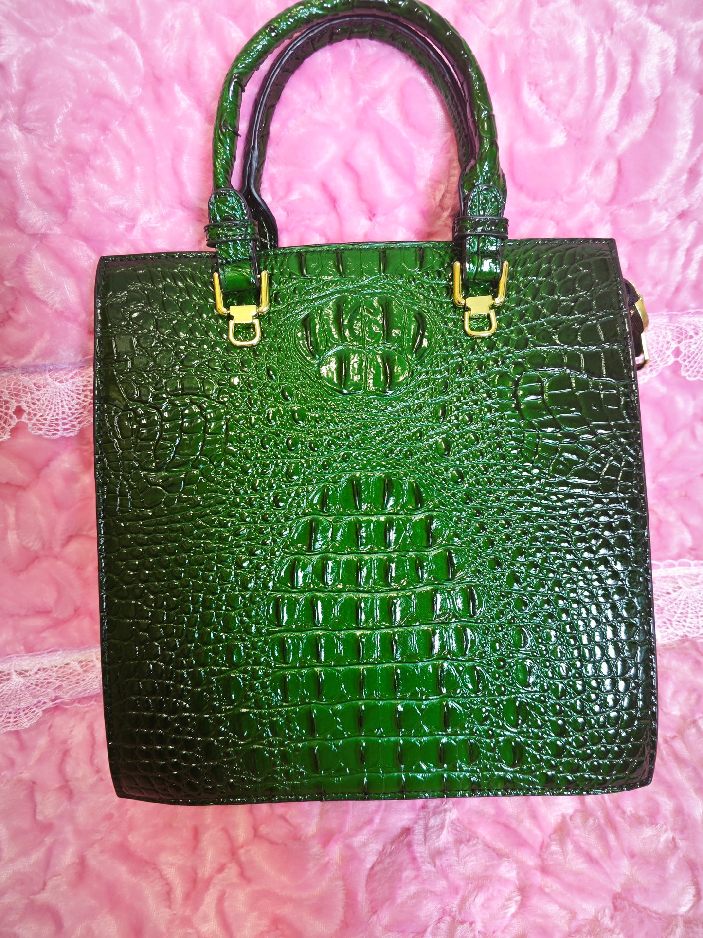 Dark Green Gradient 3D Crocodile-Print Handbag with Gold Chain