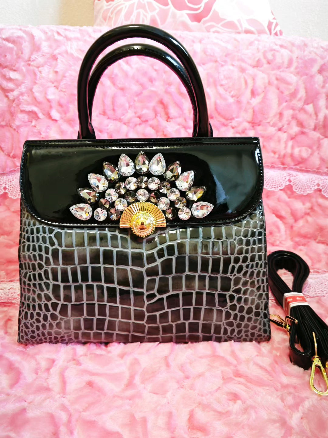 Black-Grey Gradient Crocodile-Print Handbag with Crystal Embellishment