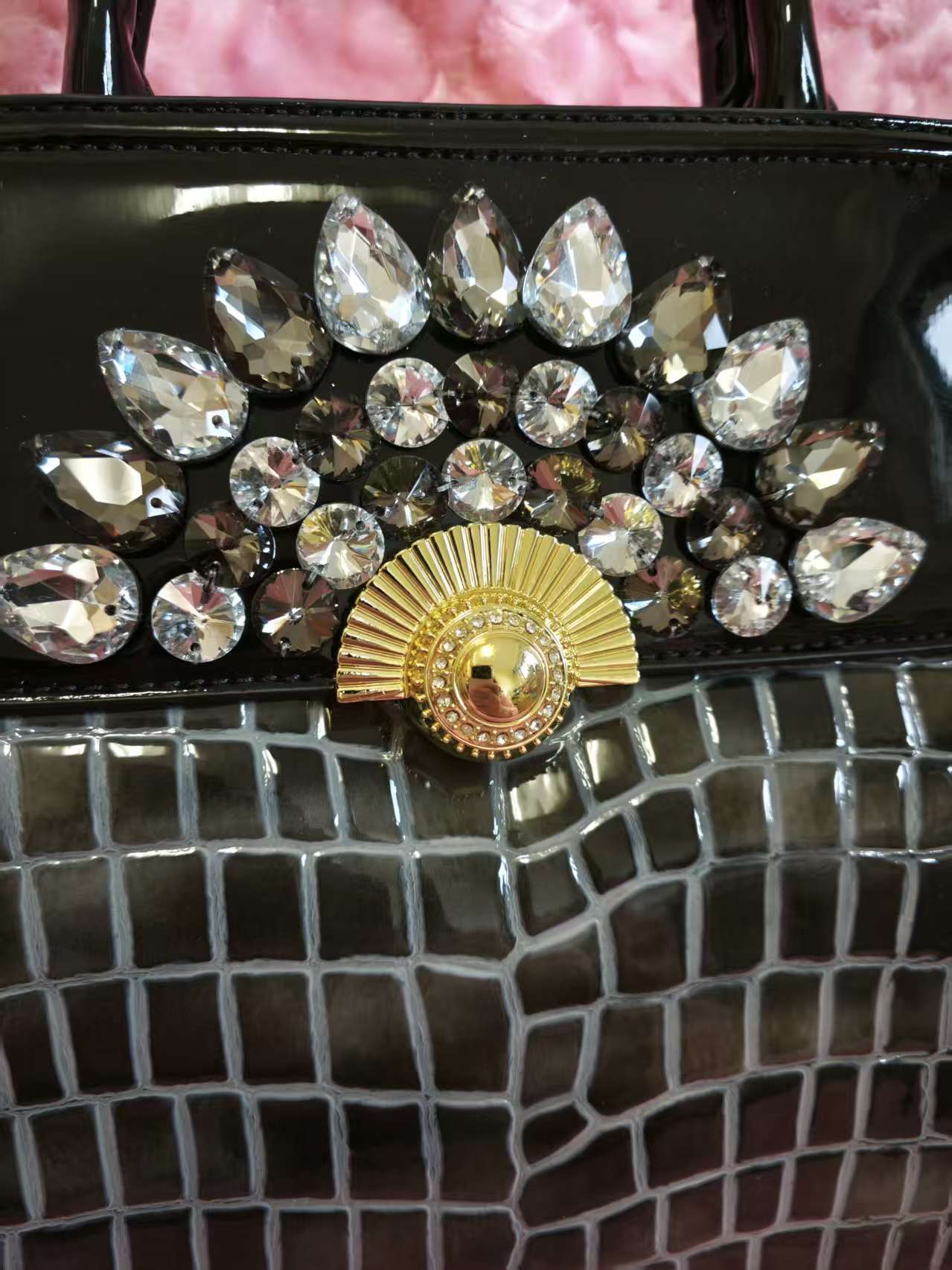 Black-Grey Gradient Crocodile-Print Handbag with Crystal Embellishment