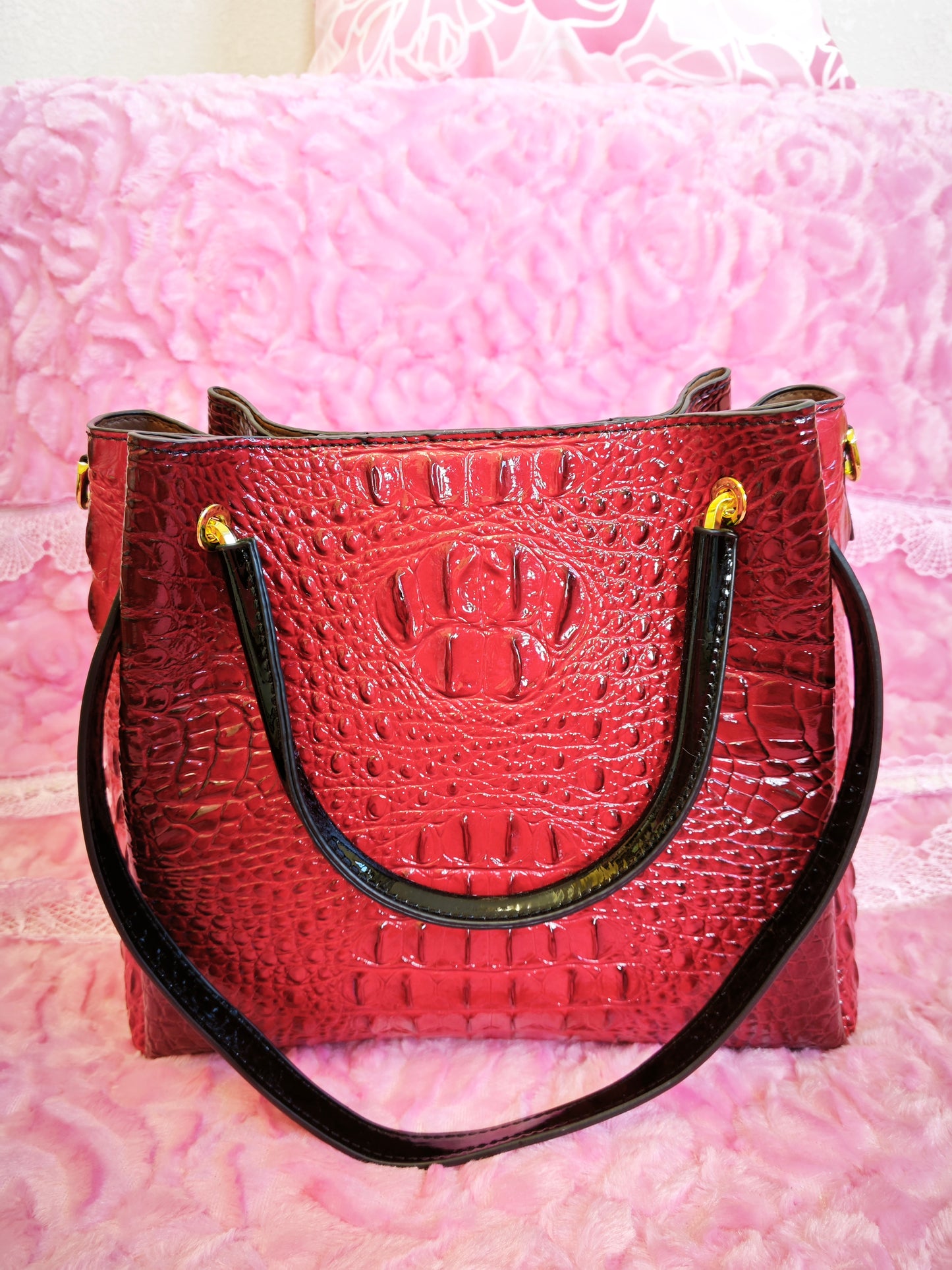 Burgundy Patent 3D Crocodile-Print Handbag with Contrast Handles