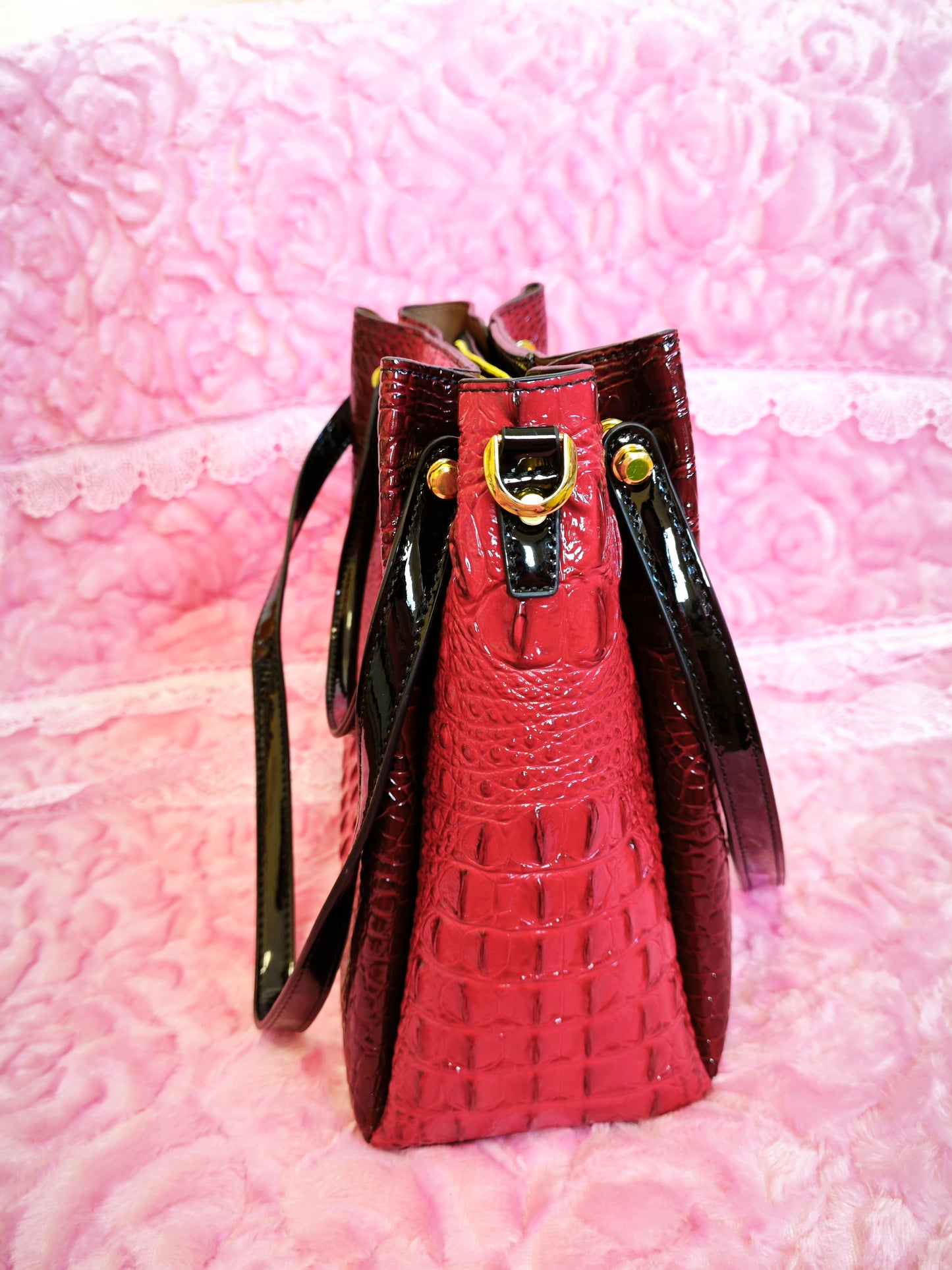 Burgundy Patent 3D Crocodile-Print Handbag with Contrast Handles