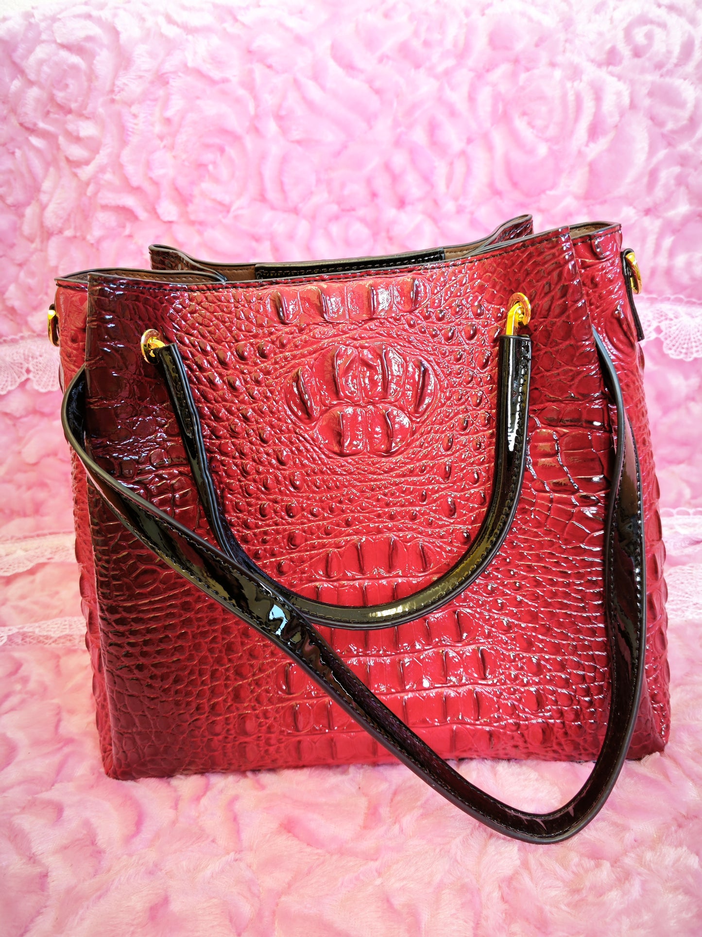 Burgundy Patent 3D Crocodile-Print Handbag with Contrast Handles