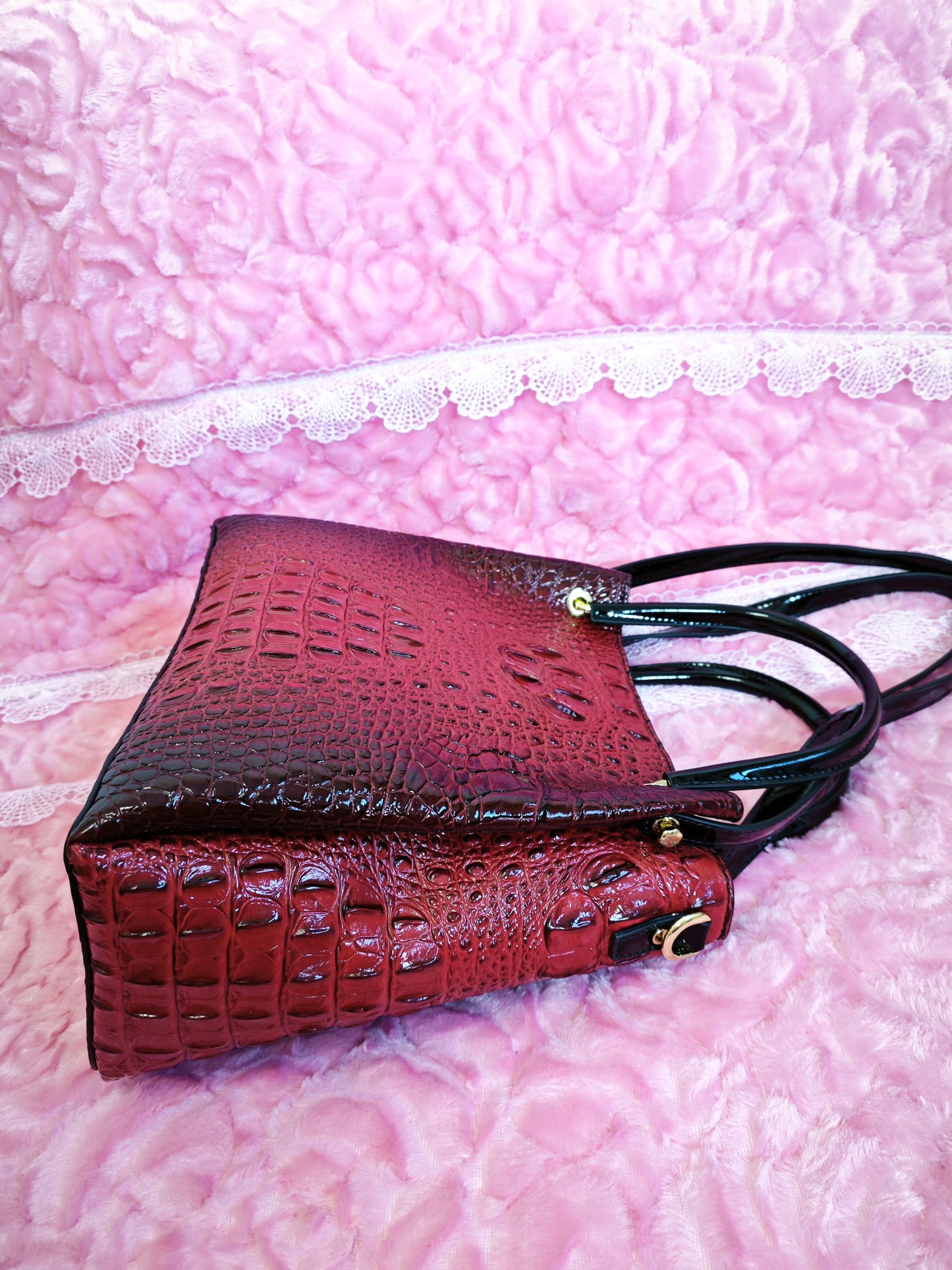 Burgundy Patent 3D Crocodile-Print Handbag with Contrast Handles