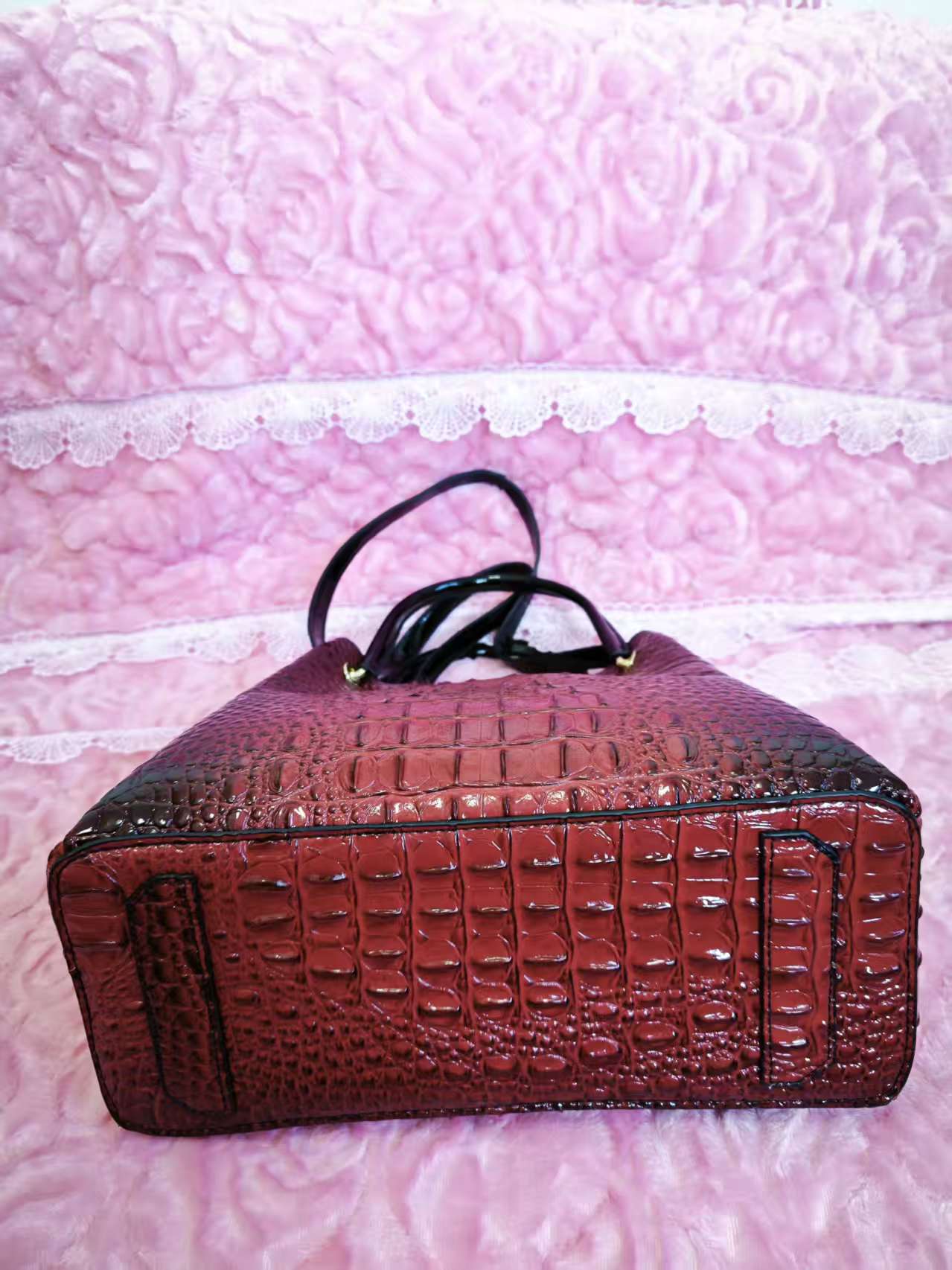 Burgundy Patent 3D Crocodile-Print Handbag with Contrast Handles
