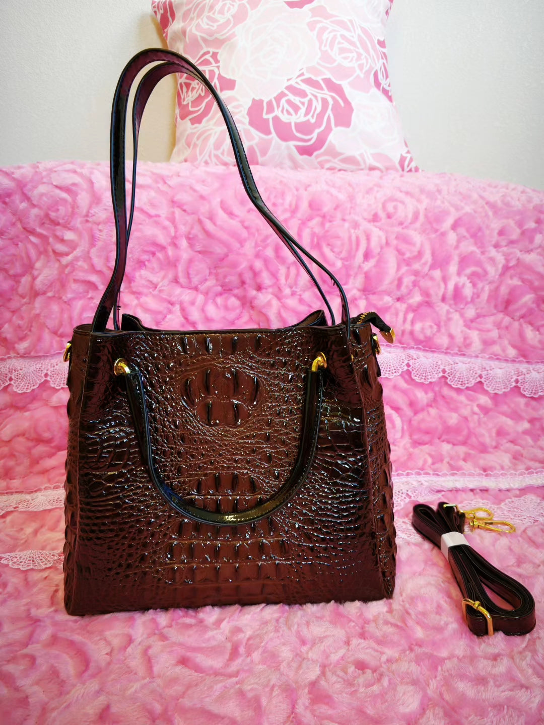 Dark Brown Patent 3D Crocodile-Print Handbag with Contrast Handles