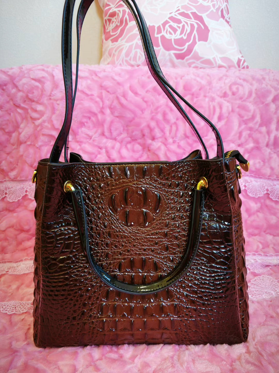 Dark Brown Patent 3D Crocodile-Print Handbag with Contrast Handles