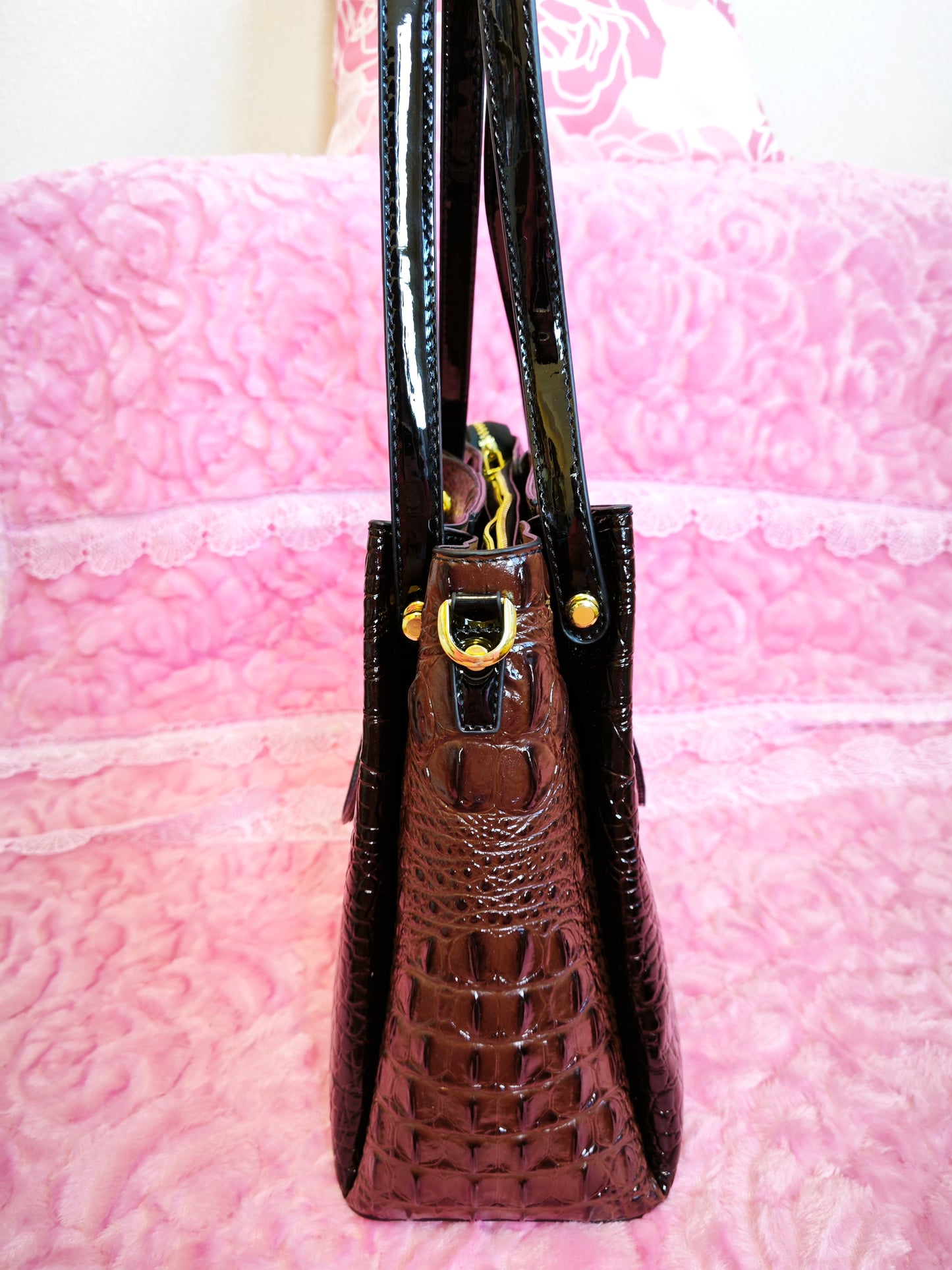Dark Brown Patent 3D Crocodile-Print Handbag with Contrast Handles