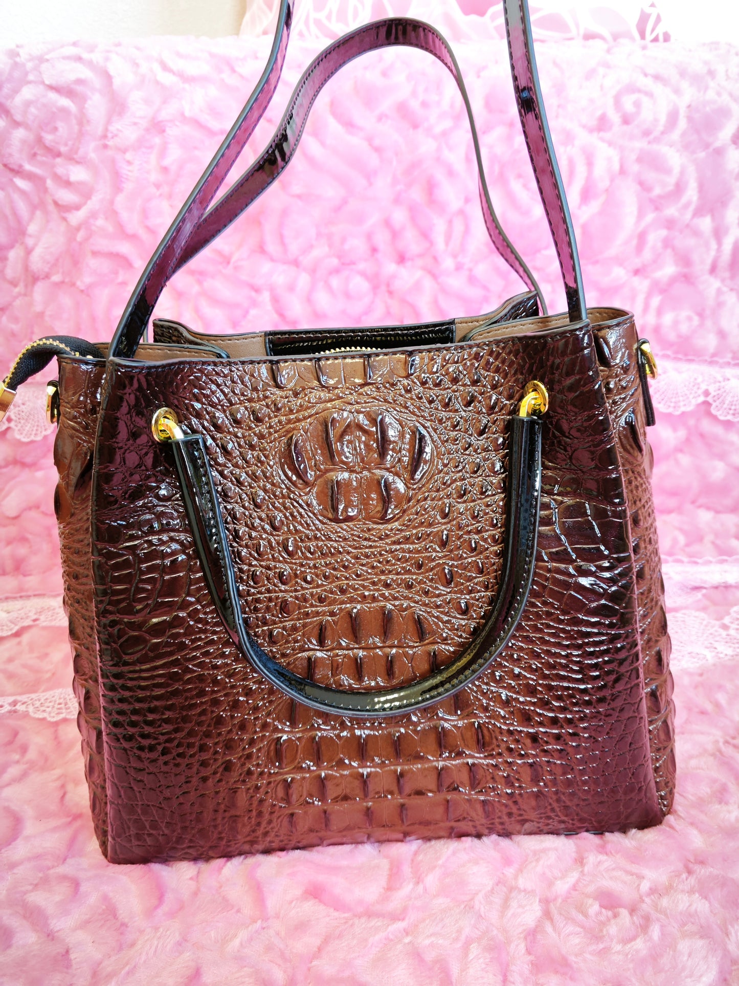 Dark Brown Patent 3D Crocodile-Print Handbag with Contrast Handles