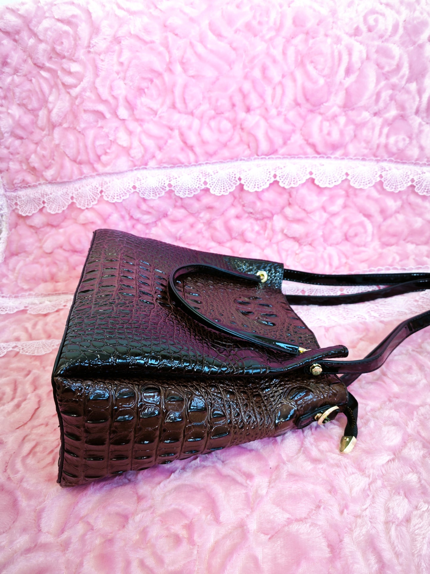 Dark Brown Patent 3D Crocodile-Print Handbag with Contrast Handles