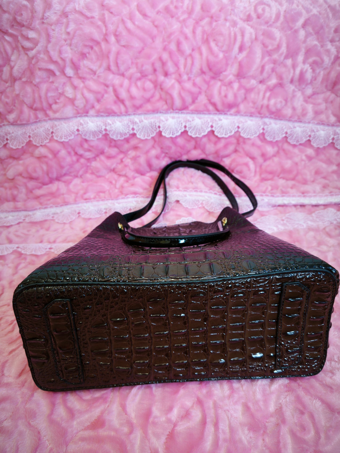 Dark Brown Patent 3D Crocodile-Print Handbag with Contrast Handles