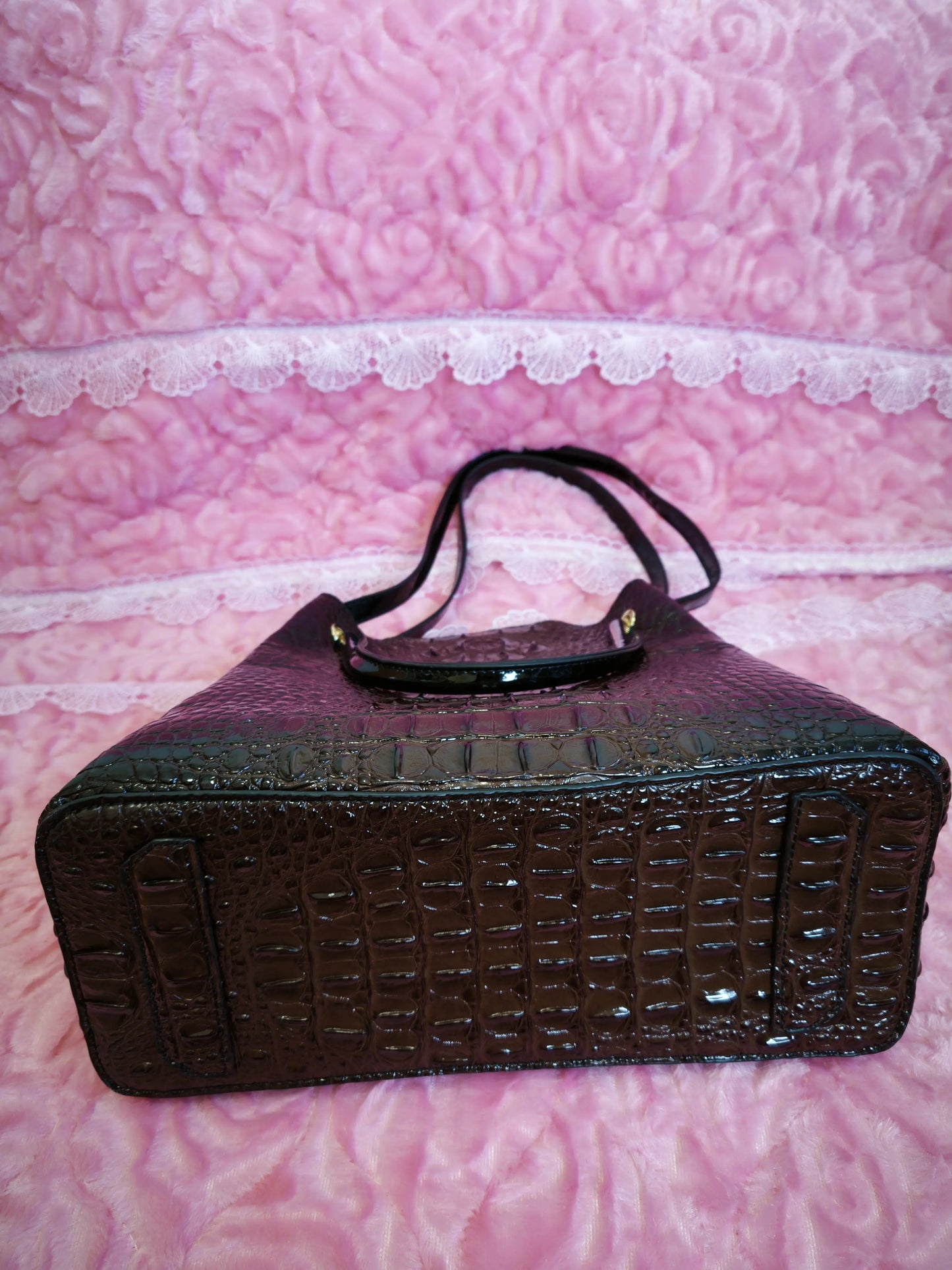 Coffee Crocodile Pattern Color-Block Handle Large Bucket Bag (M189)