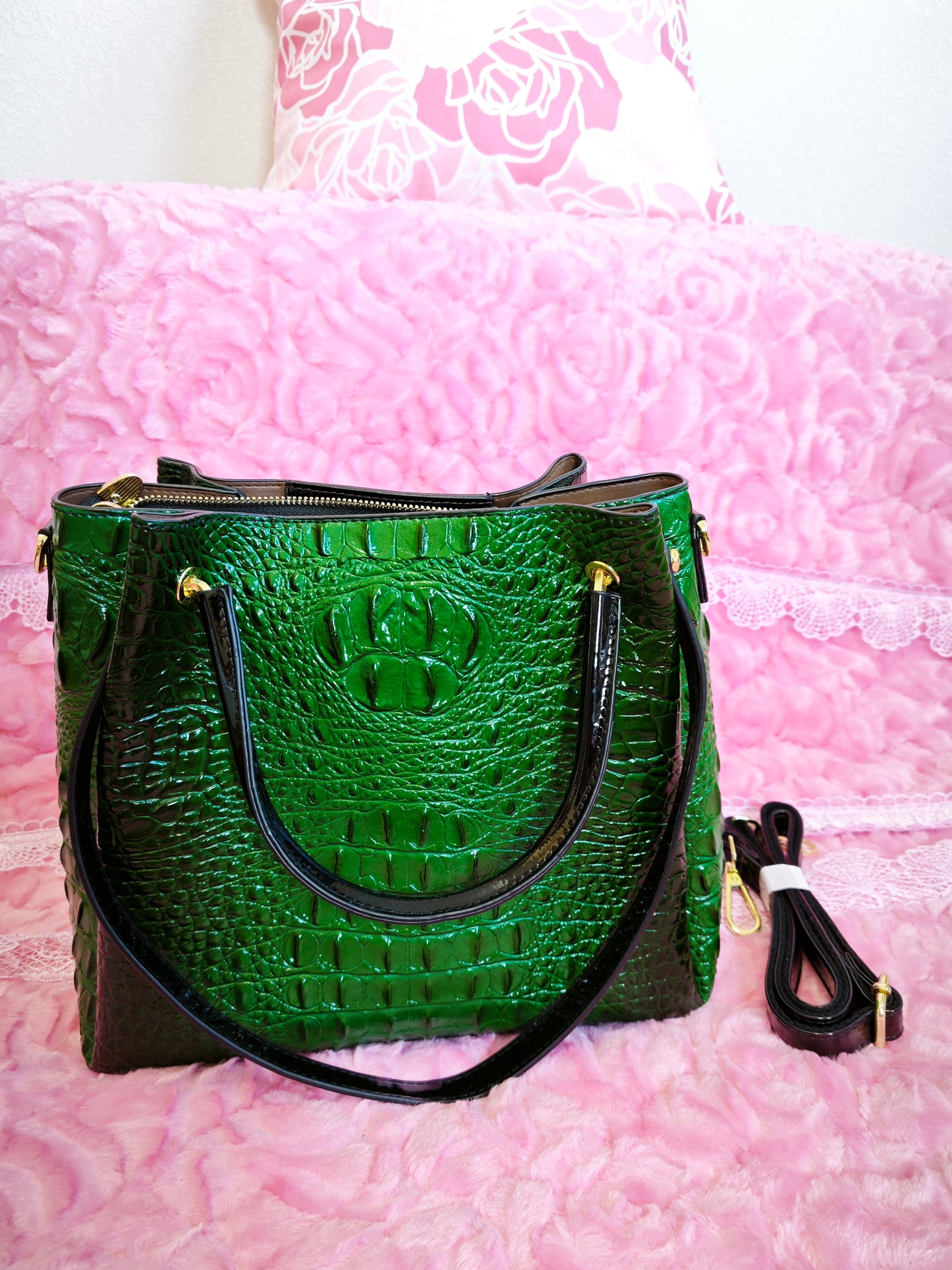Dark Green Patent 3D Crocodile-Print Handbag with Contrast Handles